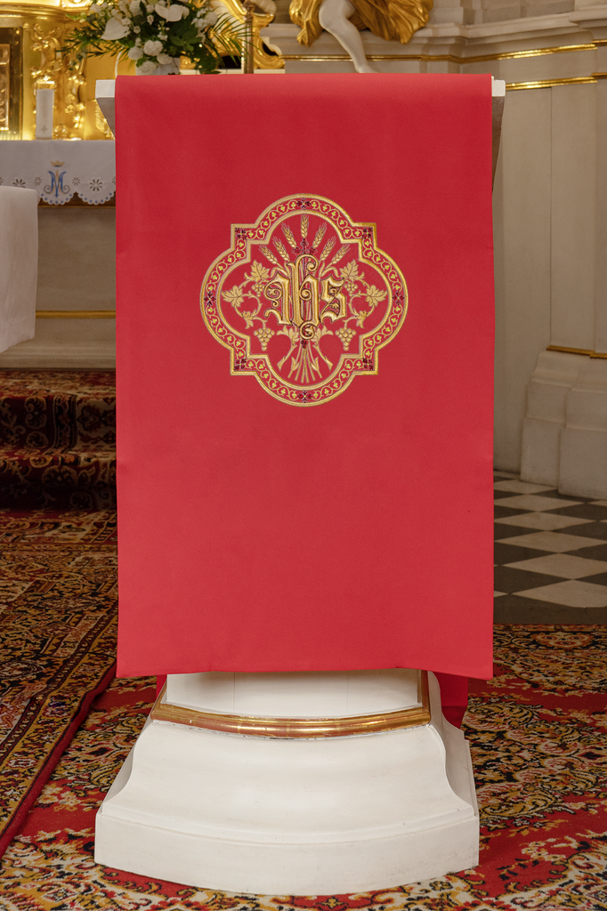Lectern cover with golden embroidery IHS in red