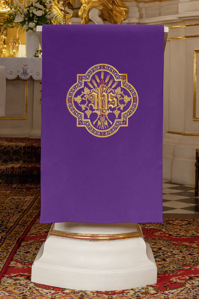 Lectern cover with golden embroidery IHS in purple