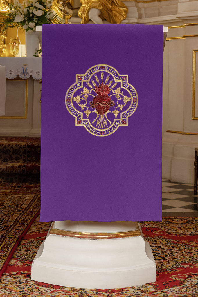 Lectern cover embroidered with a purple Sacred Heart motif