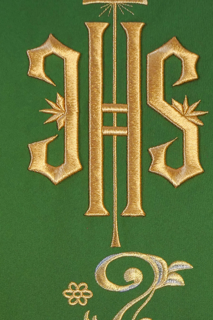 Lectern cover embroidered with IHS motif in green