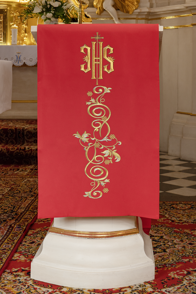 Lectern cover embroidered with IHS motif in red