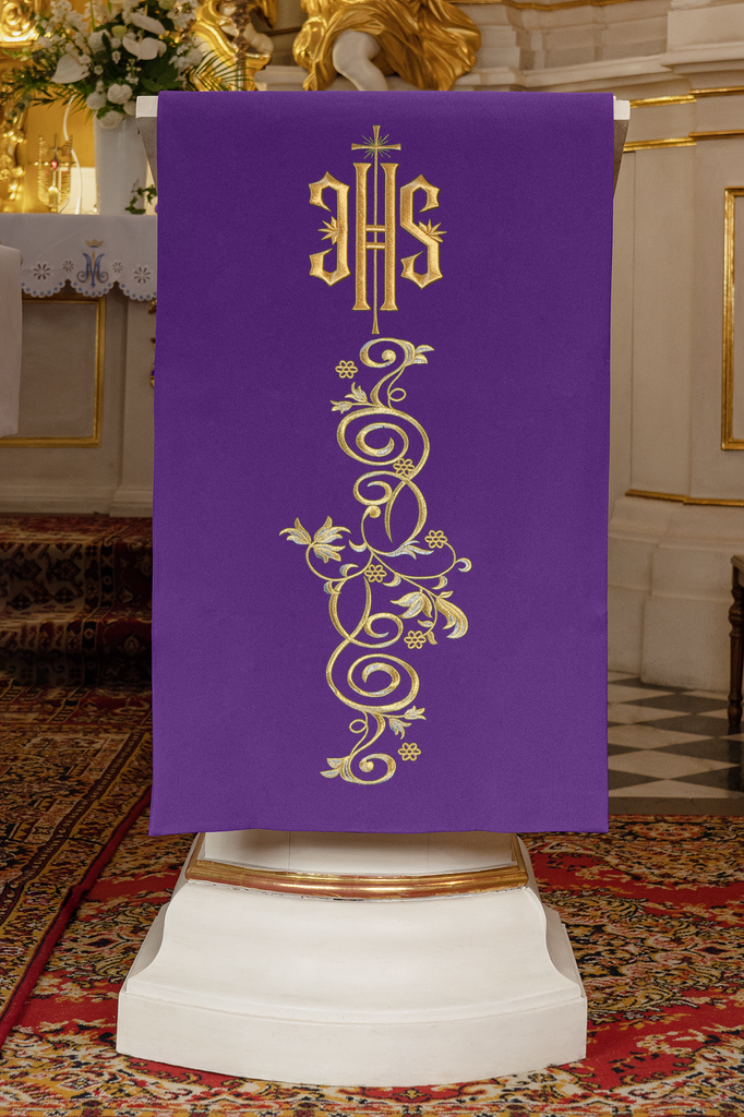 Lectern cover embroidered with IHS motif in purple