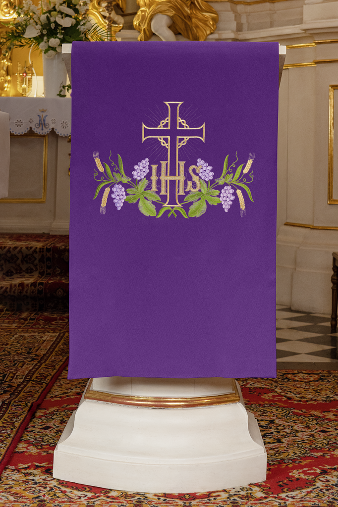 Lectern cover embroidered with an IHS and Cross motif in purple