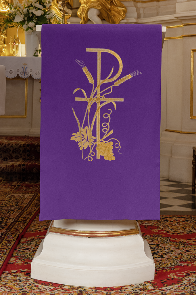 Lectern cover embroidered with a purple Cross motif