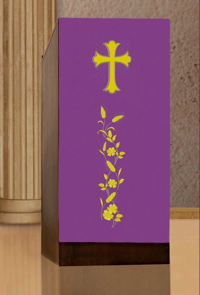 Lectern cover embroidered with a Cross and IHS motif in purple