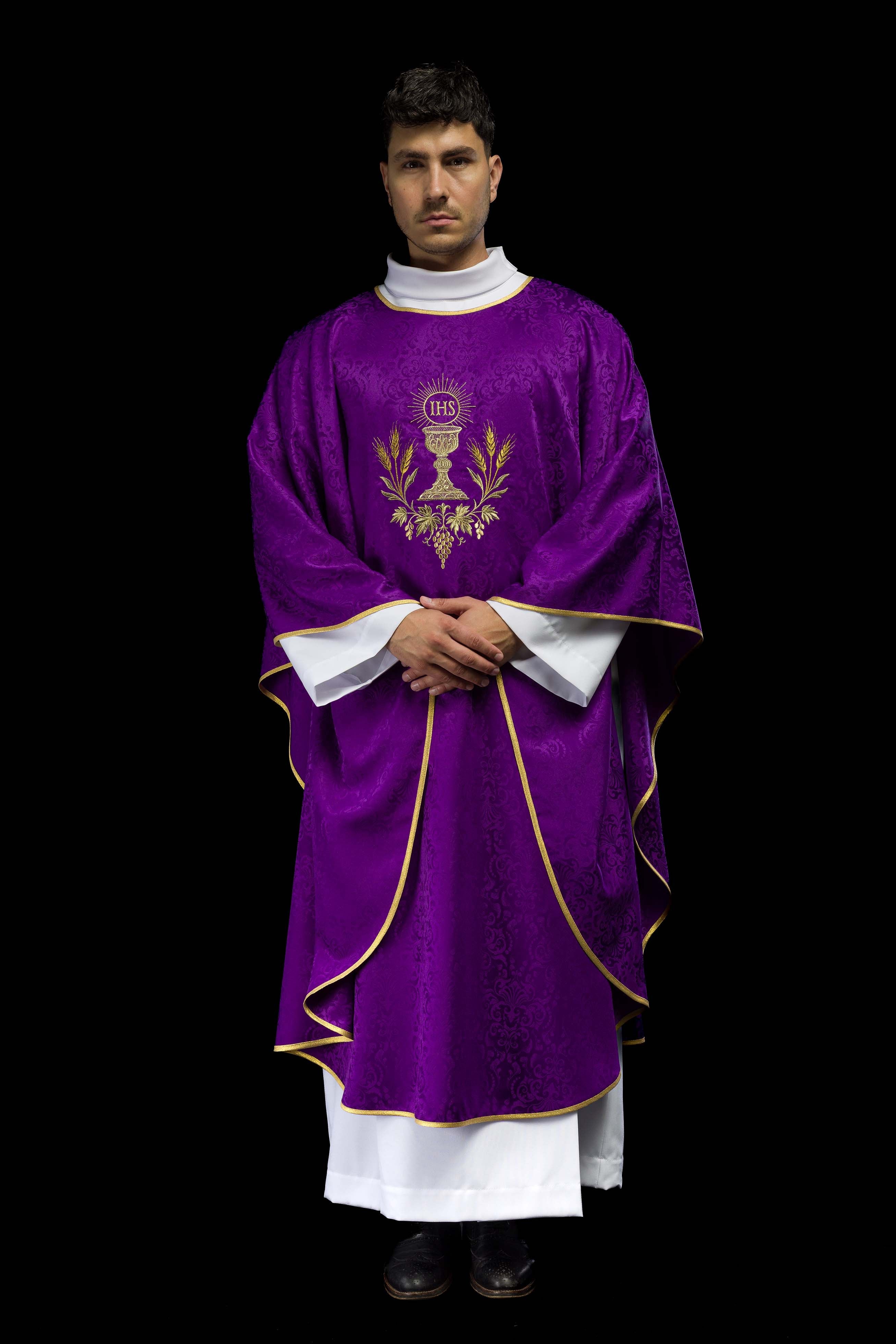 Purple liturgical chasuble with embroidered chalice and host on jacquard fabric