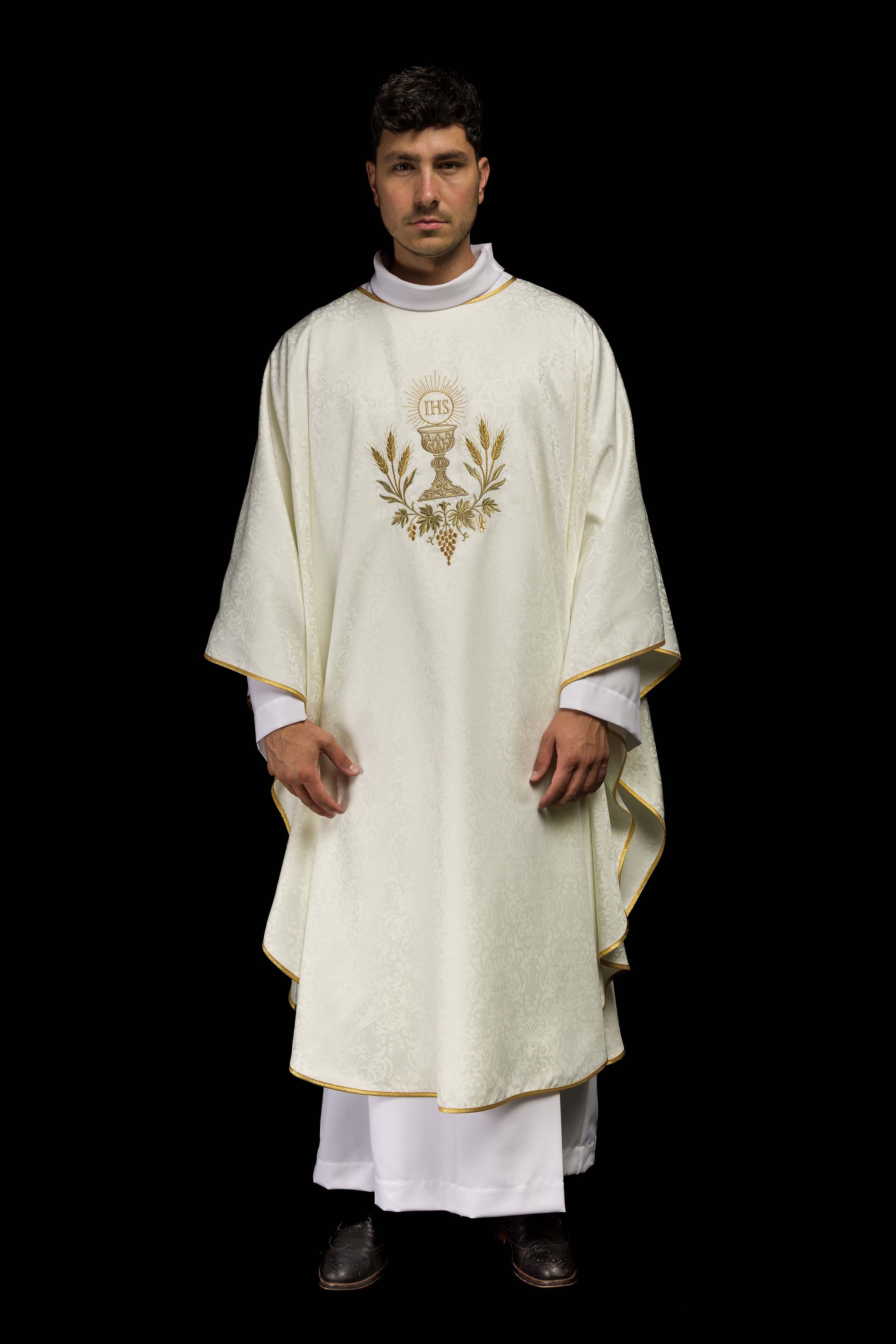 Ecru Liturgical Chasuble with Embroidered Chalice and Host on Jacquard Fabric