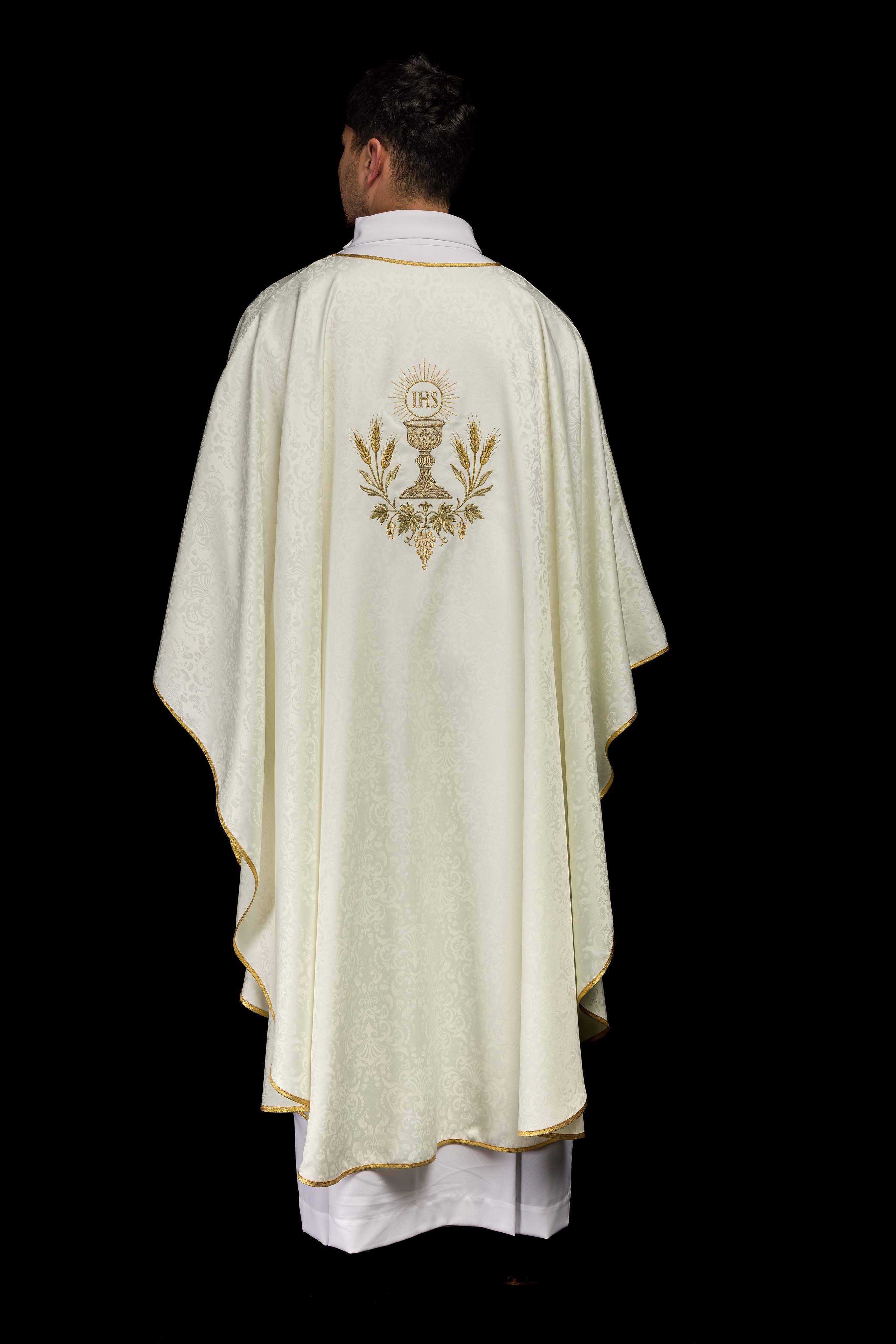 Ecru Liturgical Chasuble with Embroidered Chalice and Host on Jacquard Fabric