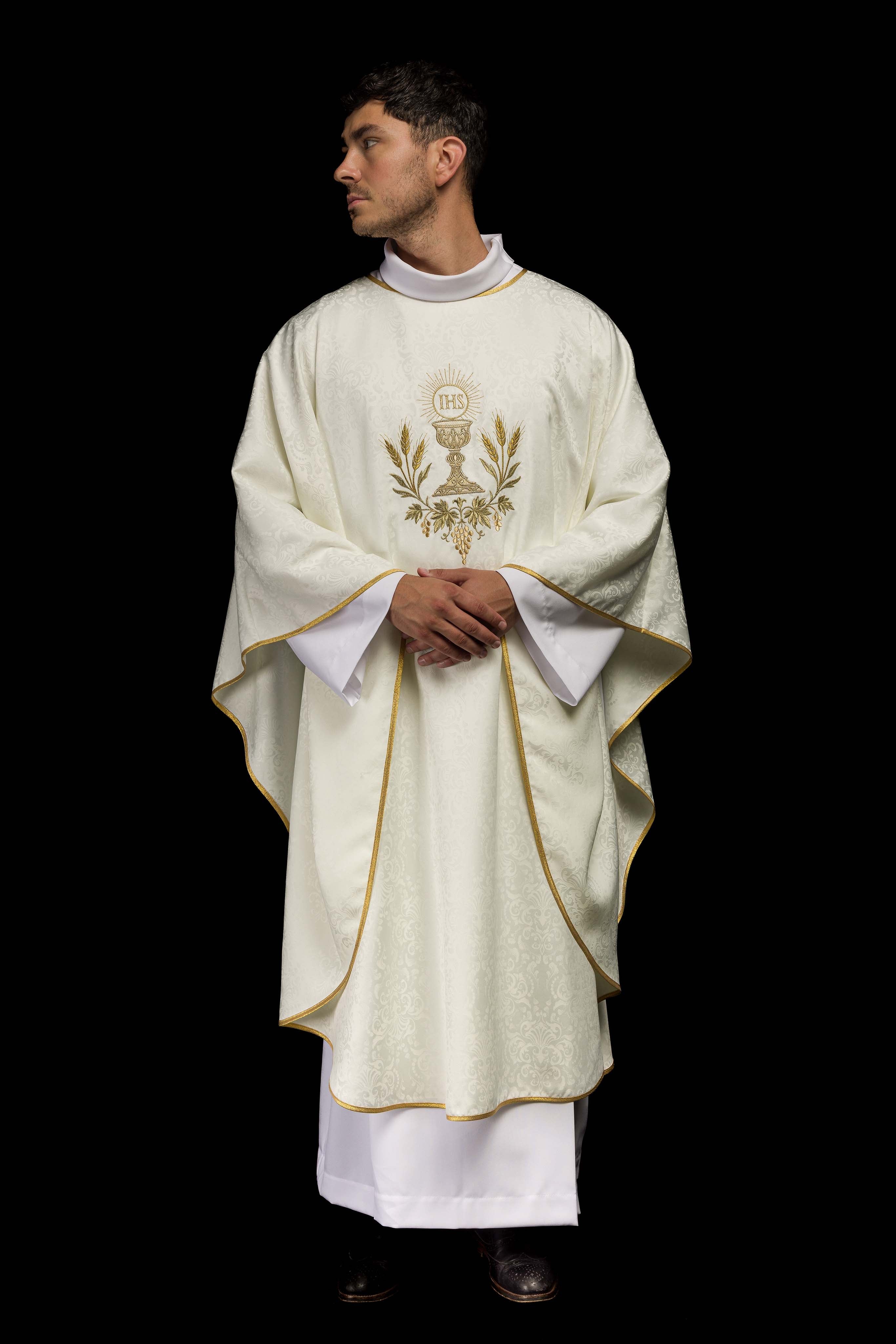 Ecru Liturgical Chasuble with Embroidered Chalice and Host on Jacquard Fabric
