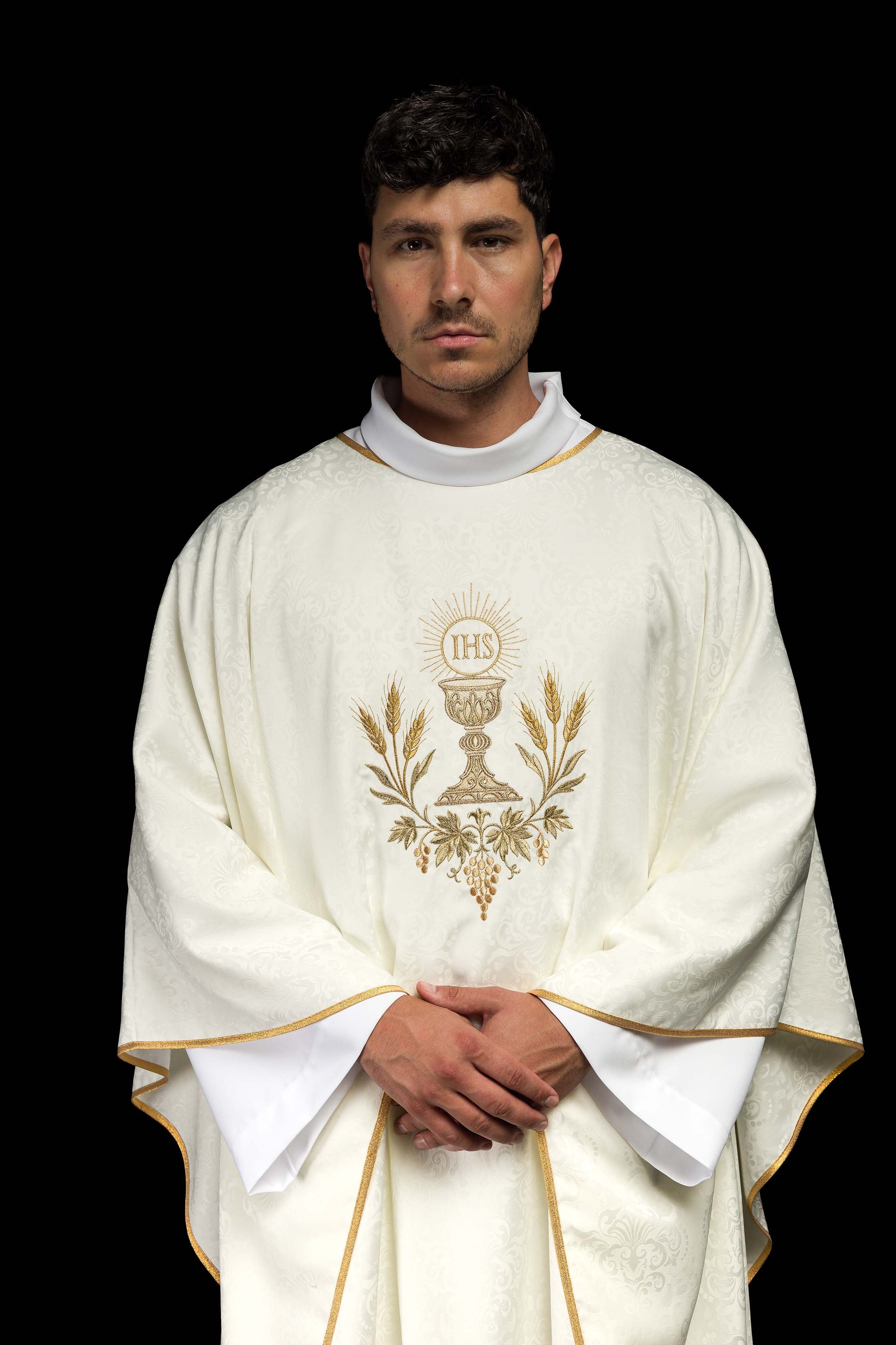 Ecru Liturgical Chasuble with Embroidered Chalice and Host on Jacquard Fabric