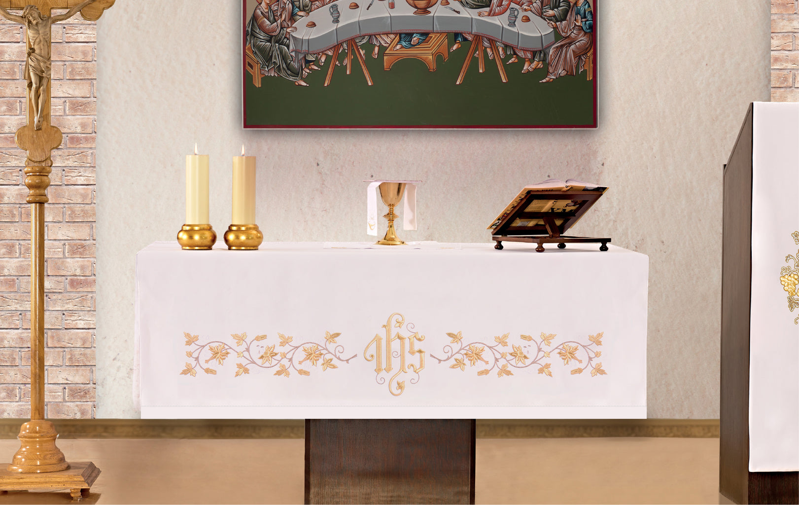 Altar tablecloth with gold IHS embroidery