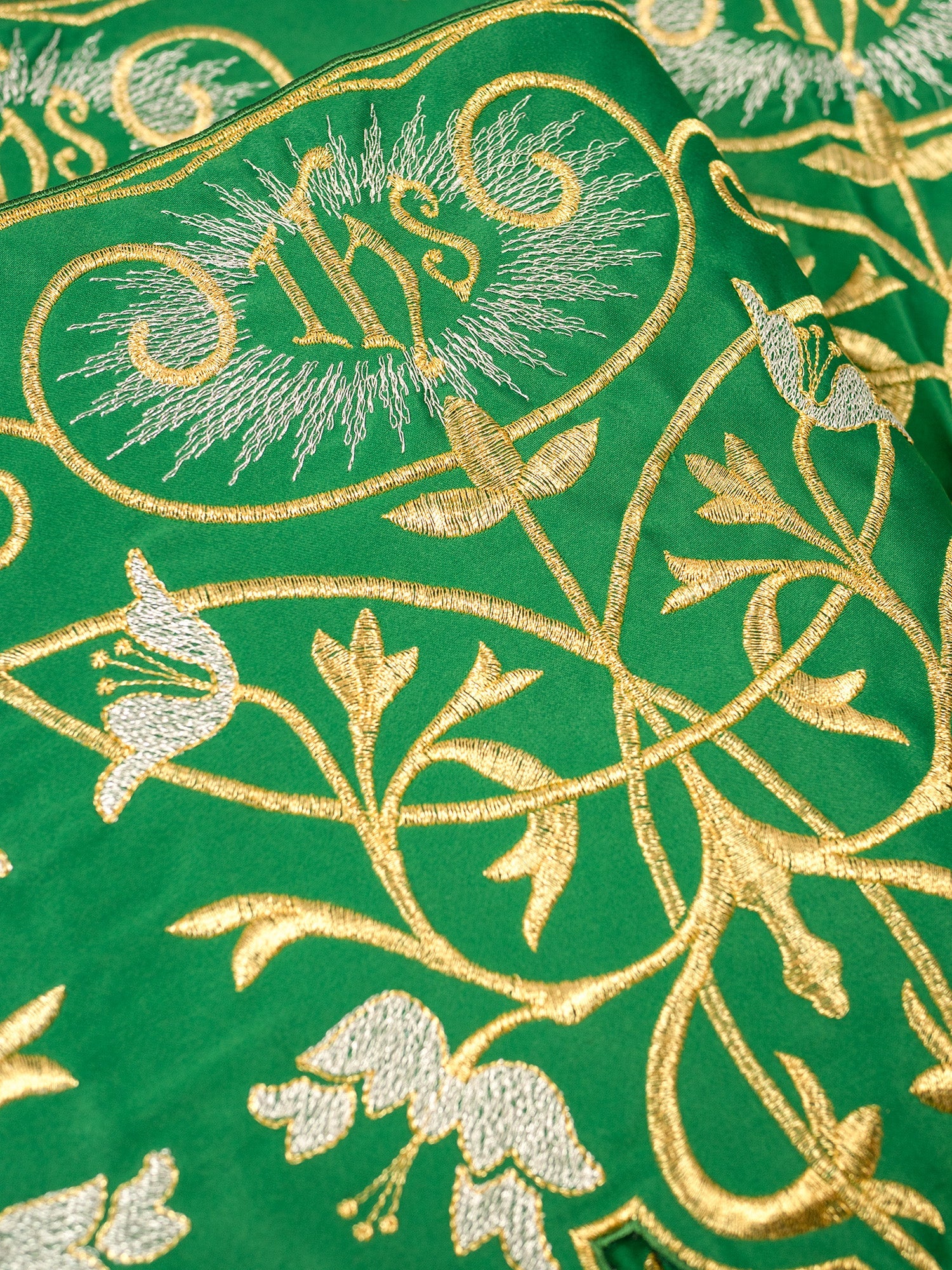 Altar superfrontal in green with gold IHS embroidery