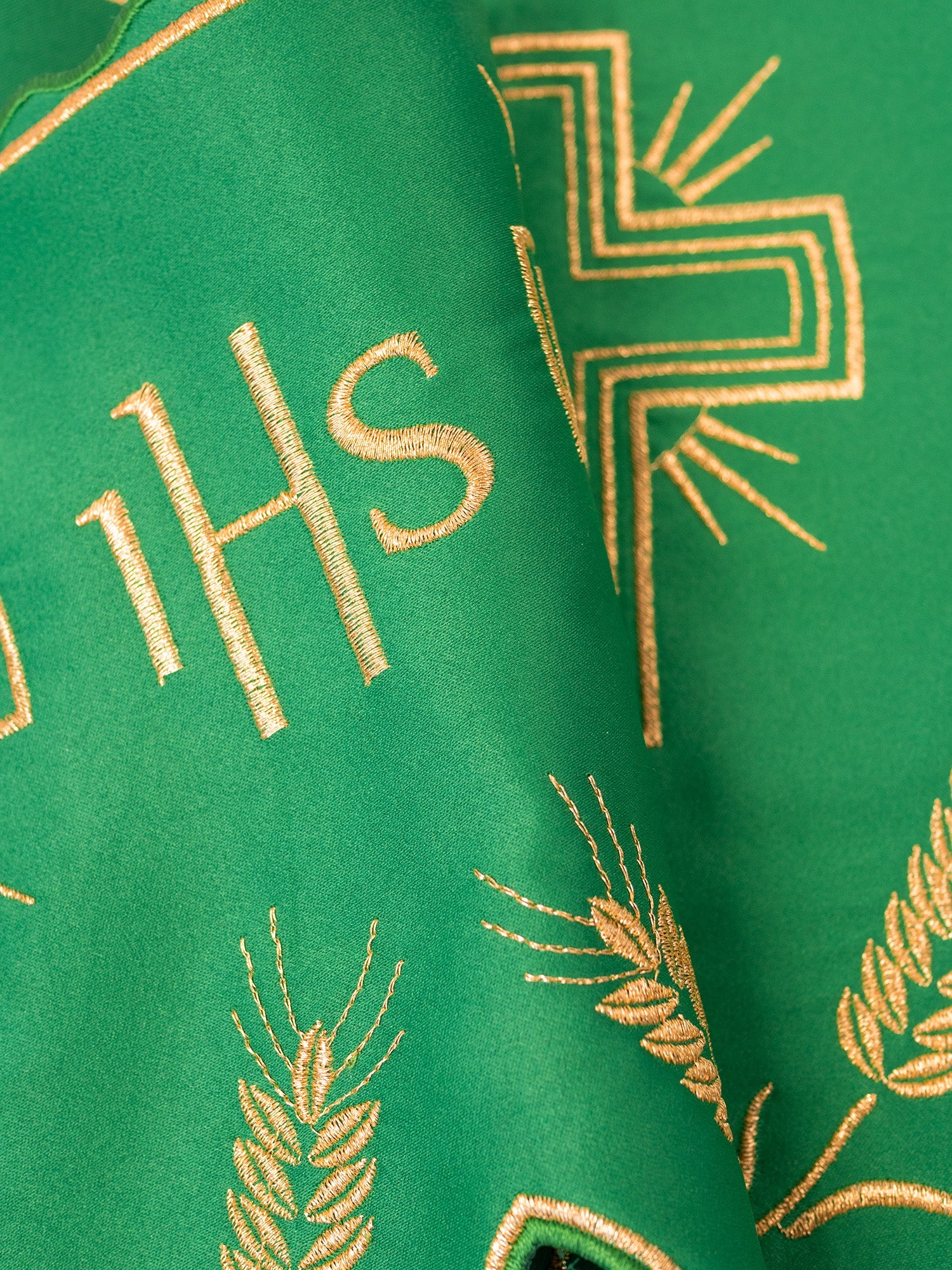 Altar superfrontal trimmings in green with gold IHS and cross embroidery