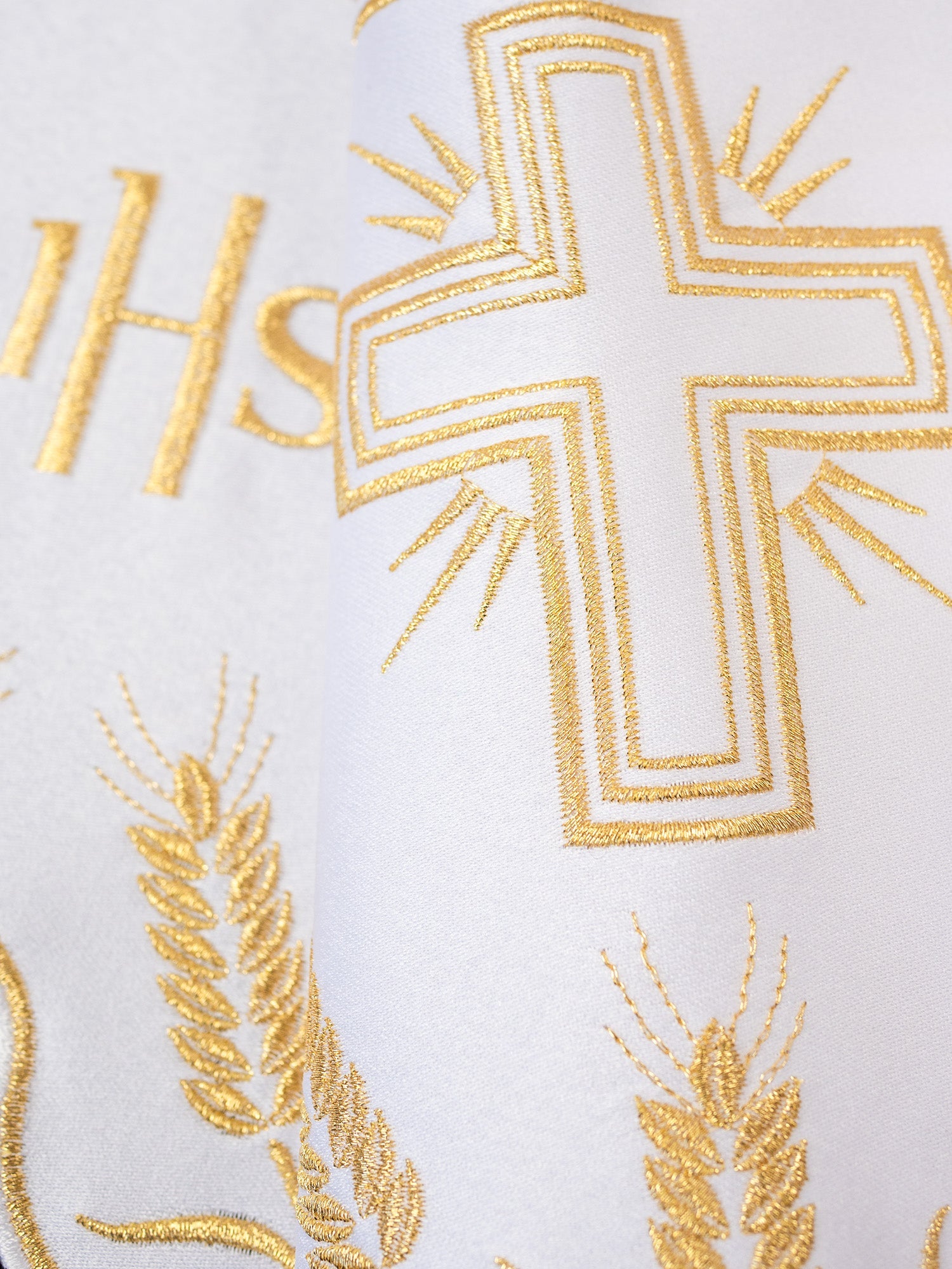 White liturgical superfrontal with IHS and cross embroidery