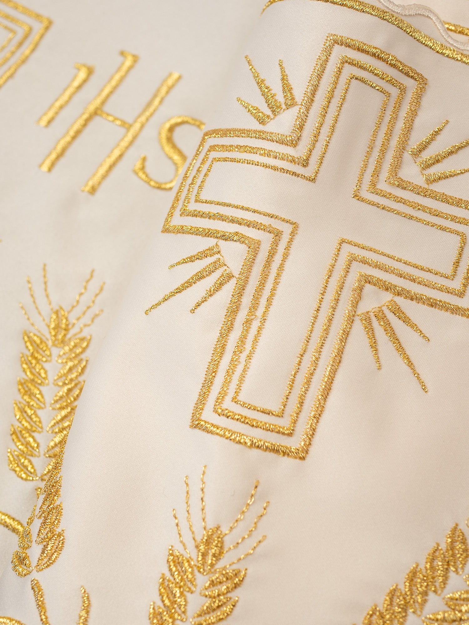 Cream colored liturgical superfrontal with IHS and cross gold embroidery - HAFTINAUSA.COM