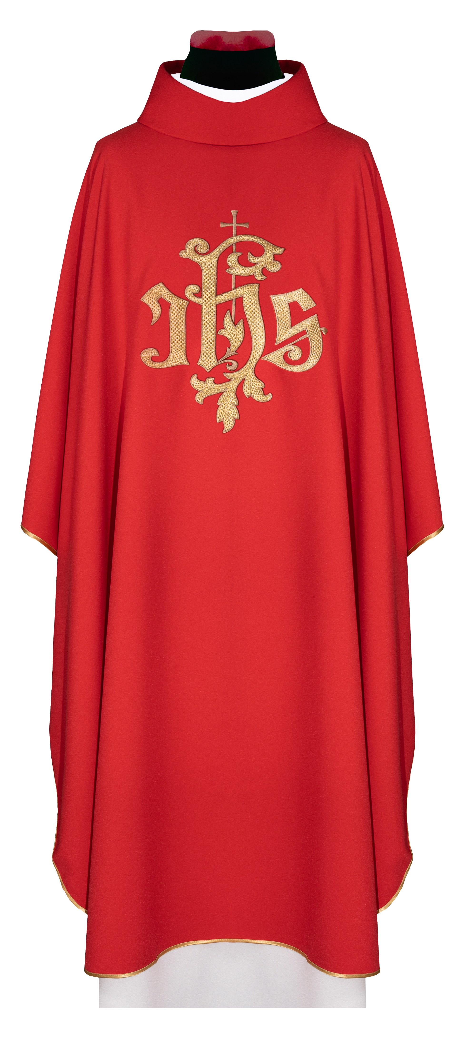 Red chasuble with golden IHS embroidery