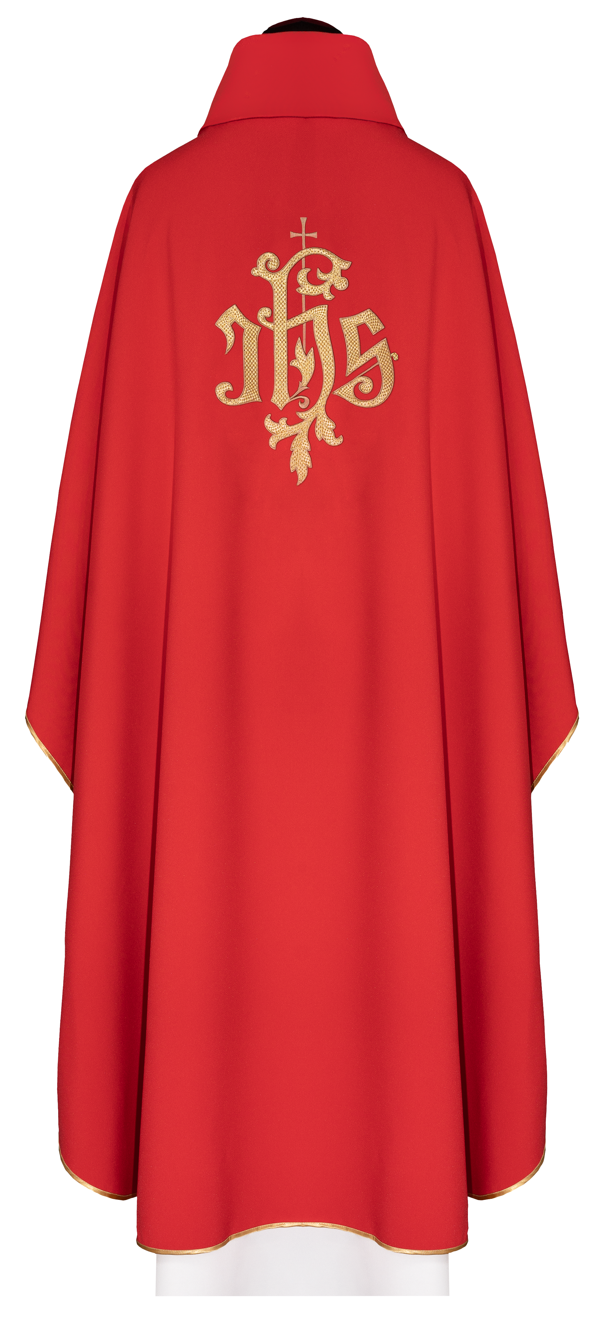 Red chasuble with golden IHS embroidery