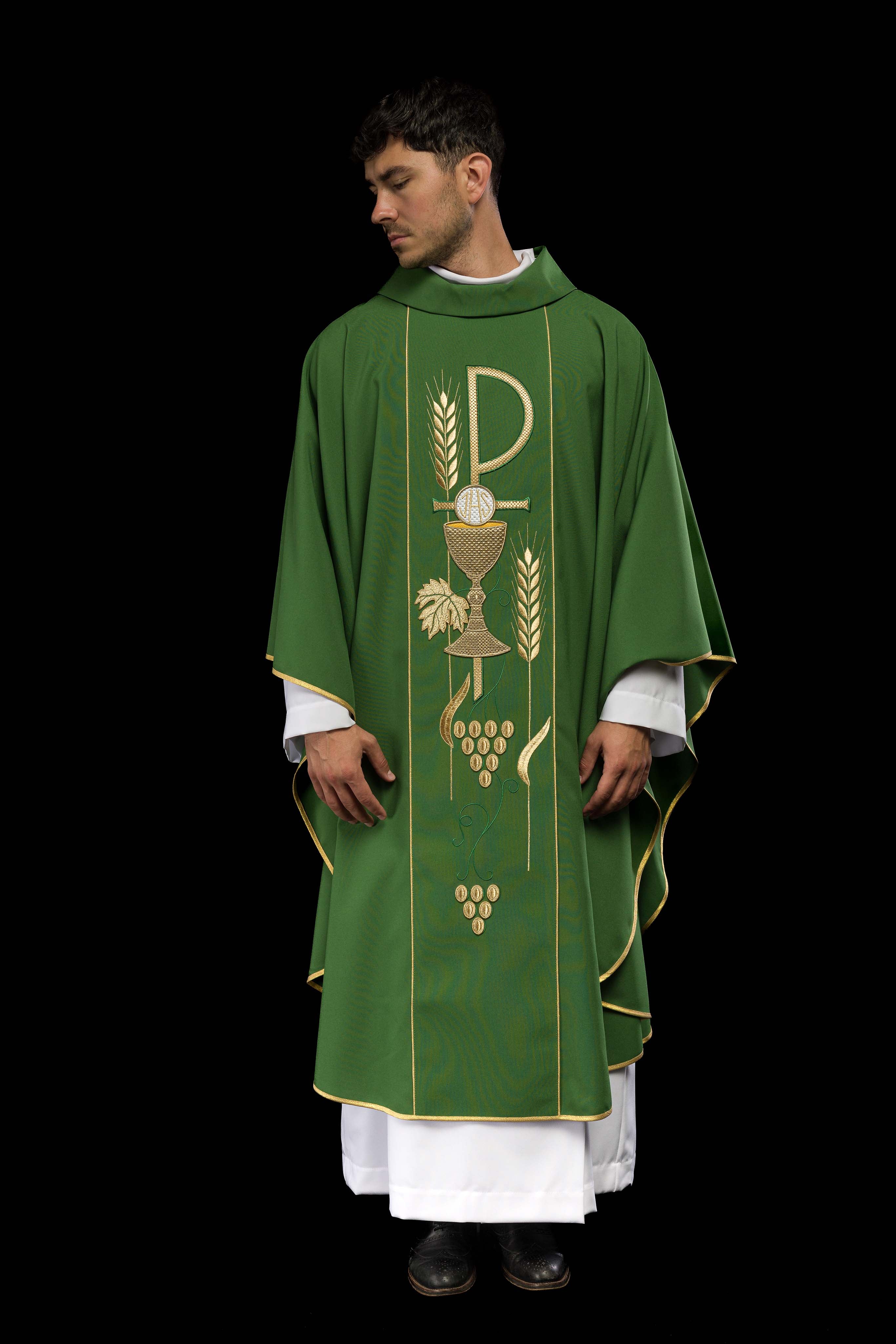 Green chasuble embroidered with IHS Chalice pattern