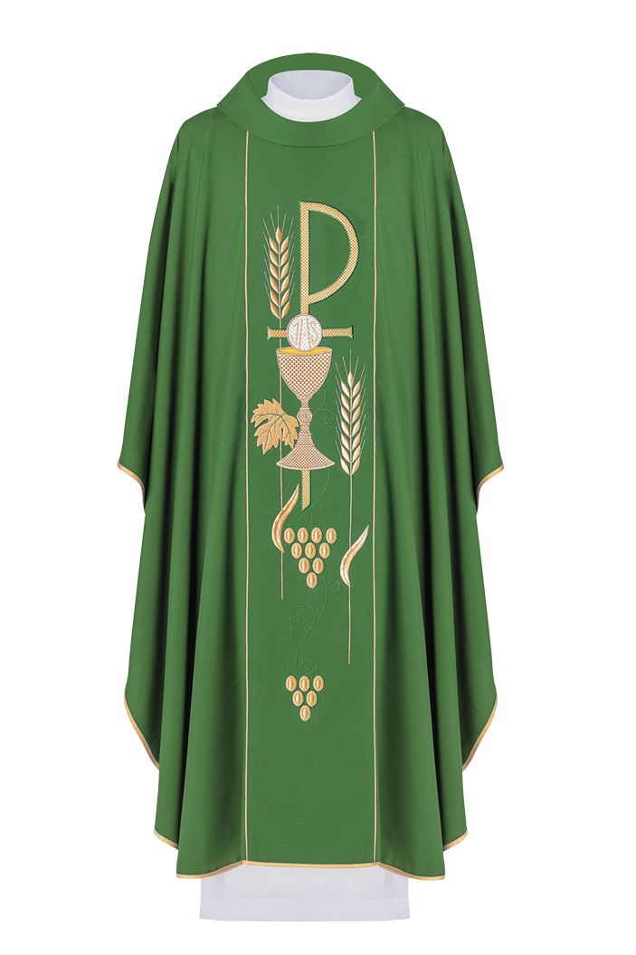 Green chasuble embroidered with IHS Chalice pattern - HAFTINAUSA.COM