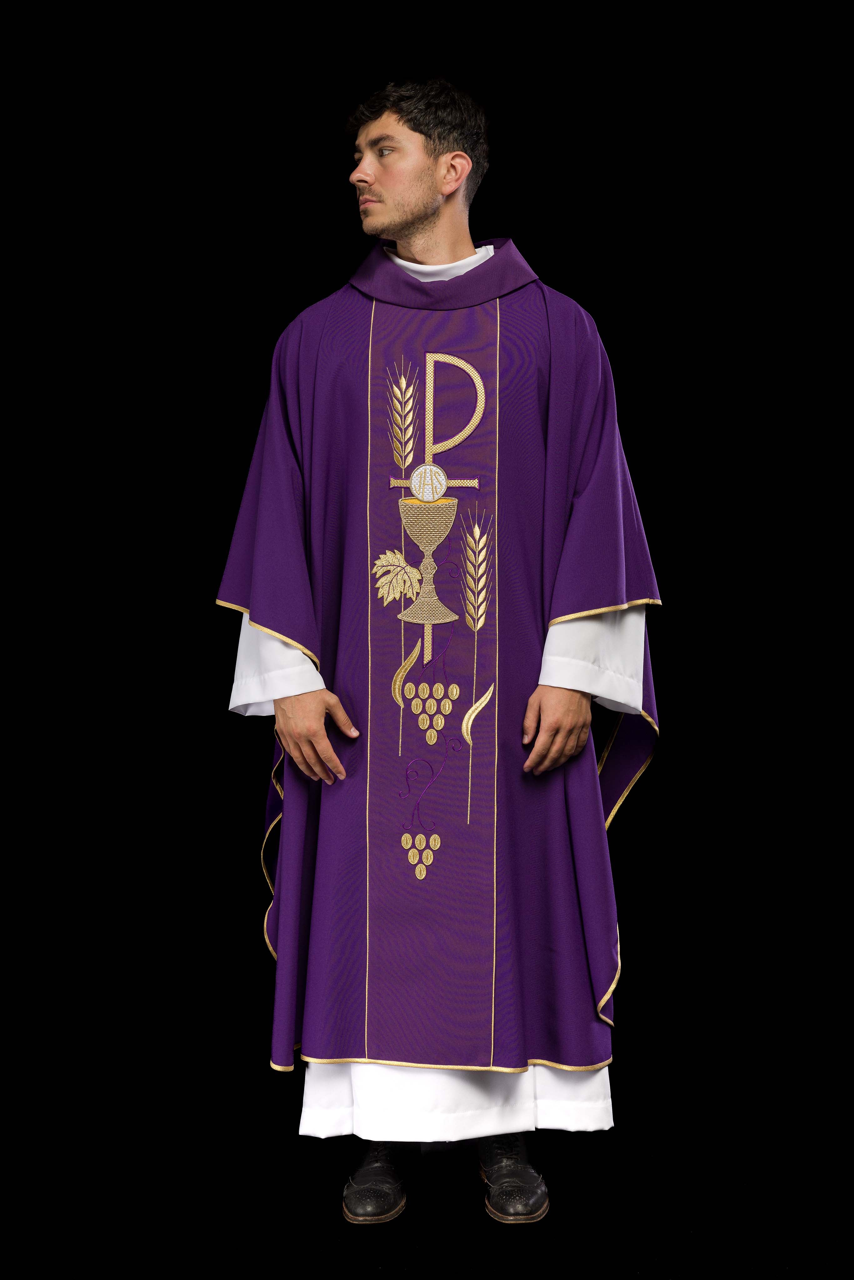 Purple chasuble embroidered with IHS Chalice pattern