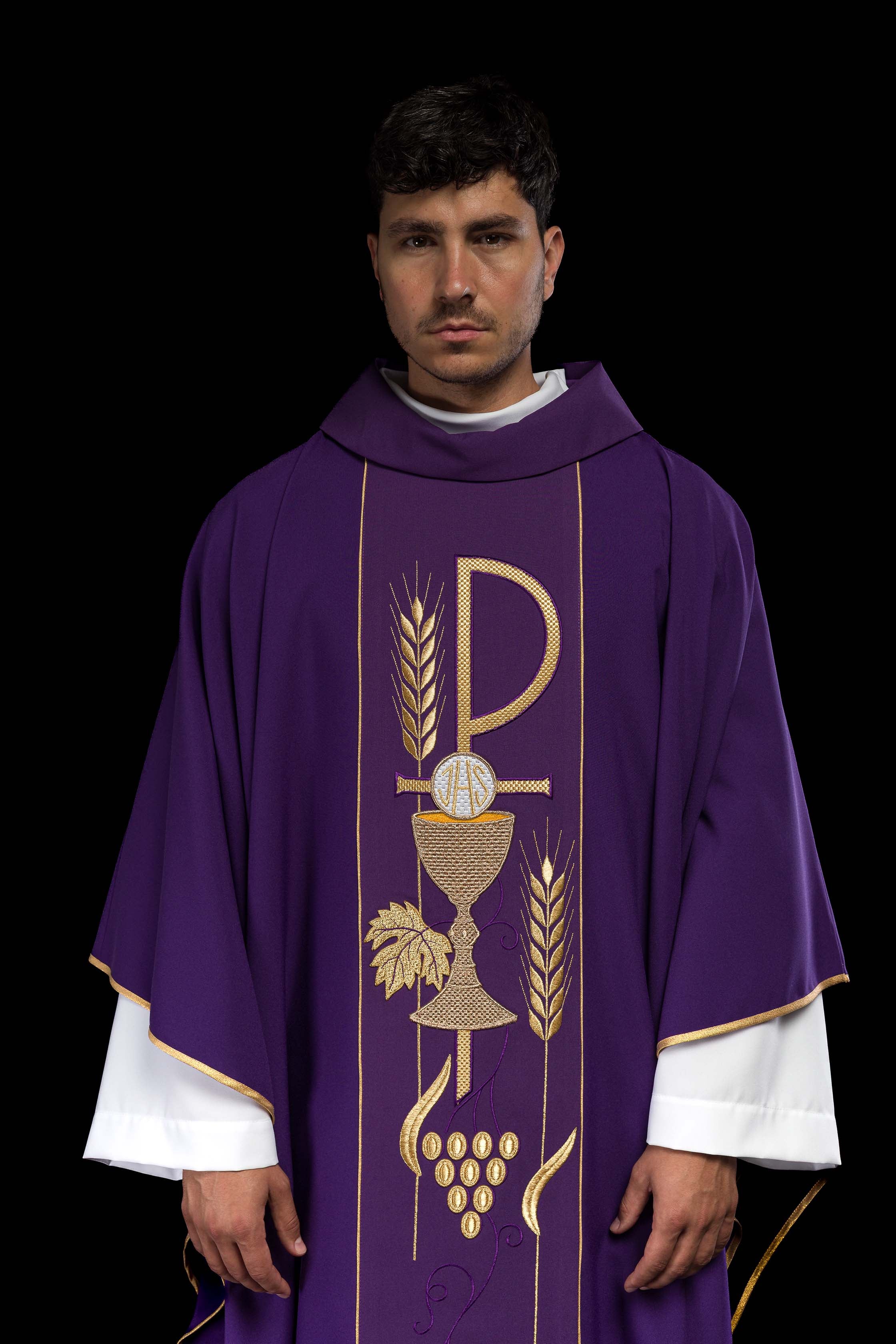 Purple chasuble embroidered with IHS Chalice pattern