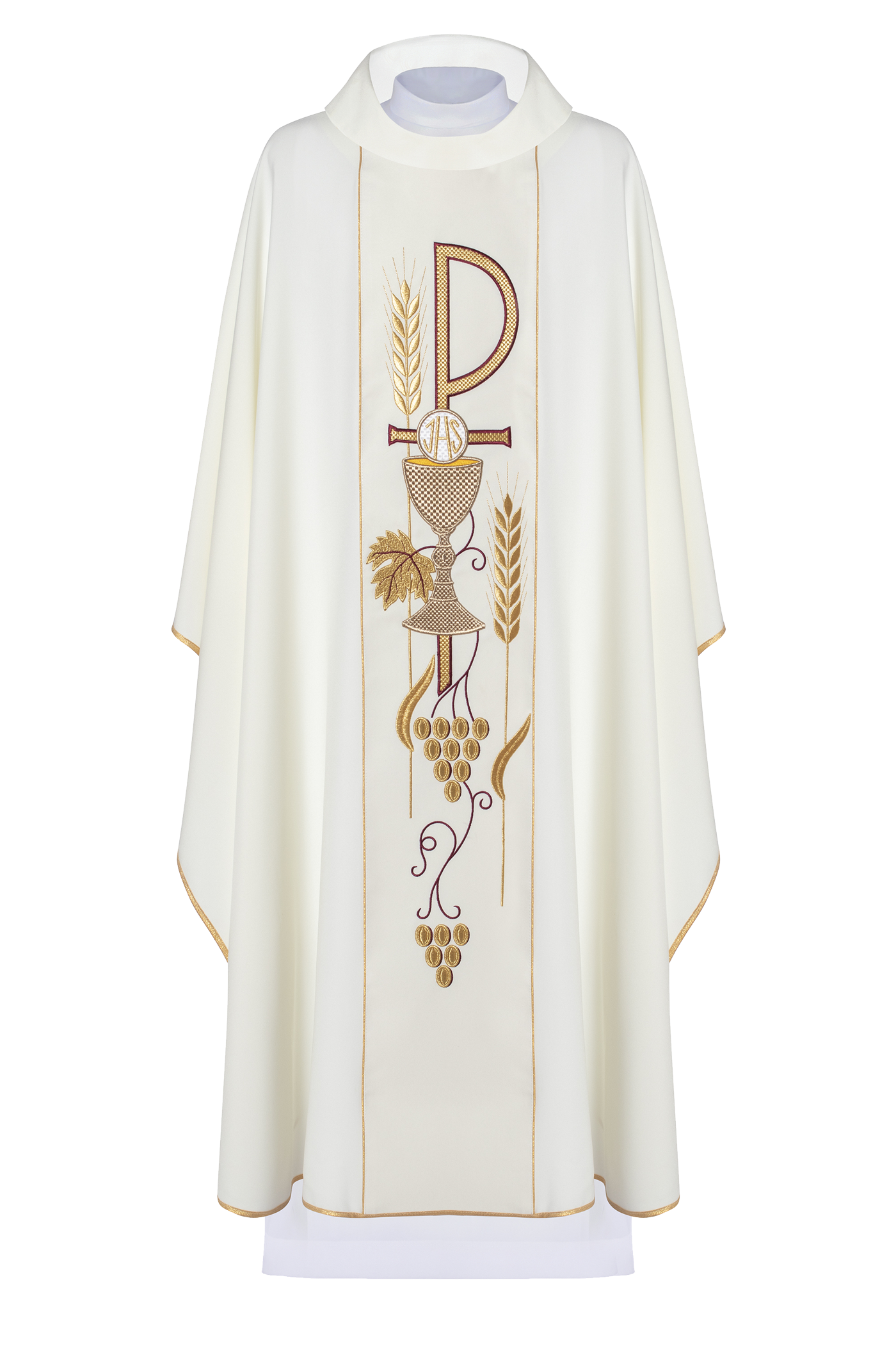 Chasuble embroidered with IHS Chalice pattern in ecru - HAFTINAUSA.COM