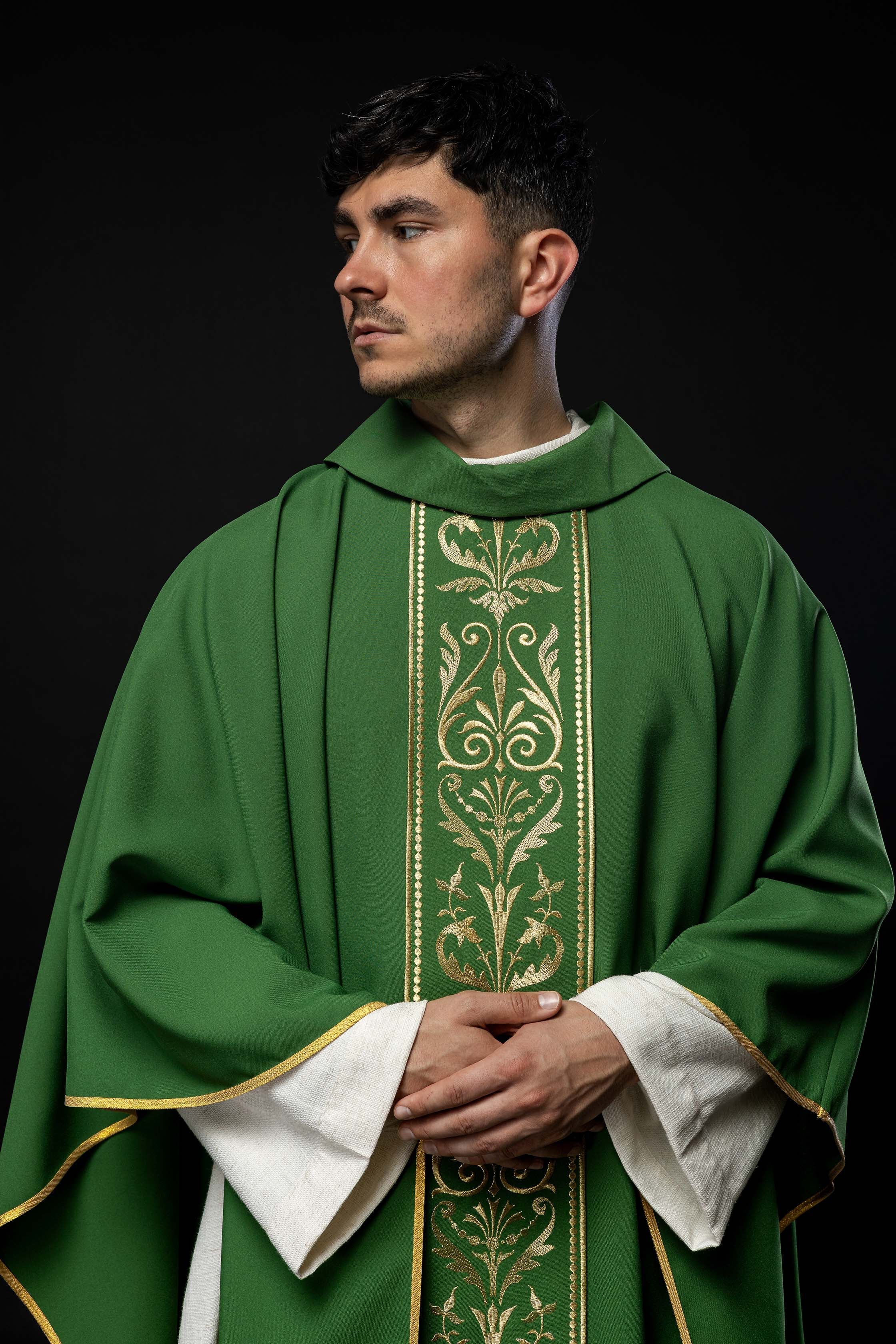 Green liturgical chasuble decorated with a gold embroidered belt