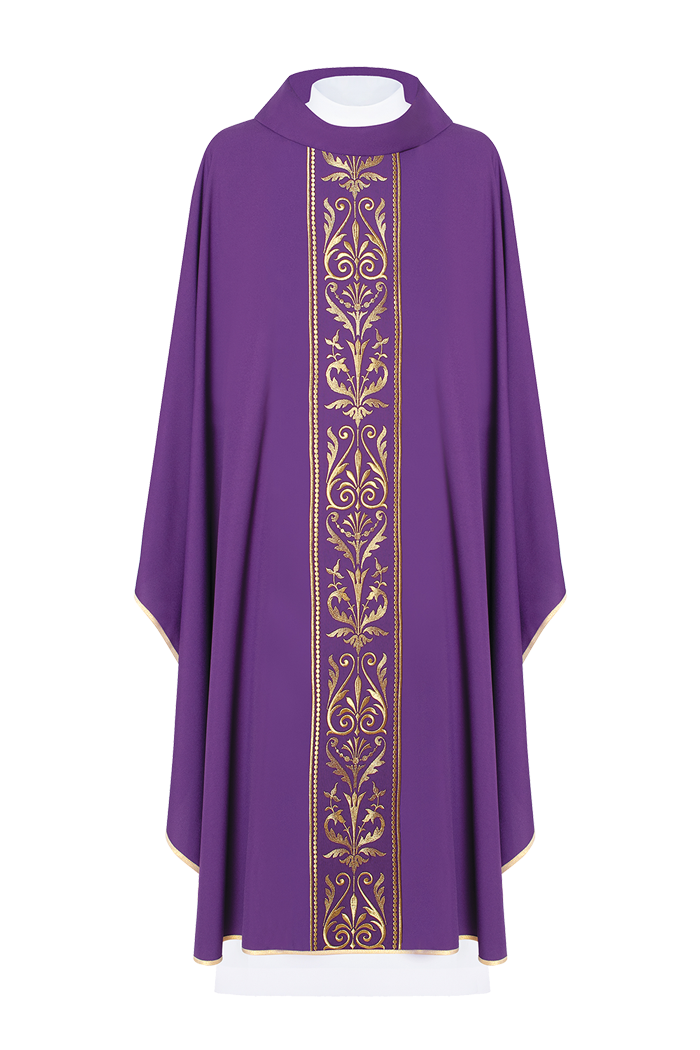 Purple liturgical chasuble decorated with a gold embroidered belt