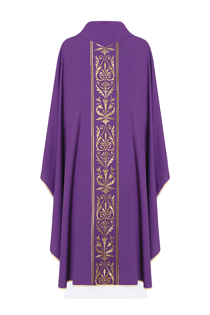 Purple liturgical chasuble decorated with a gold embroidered belt