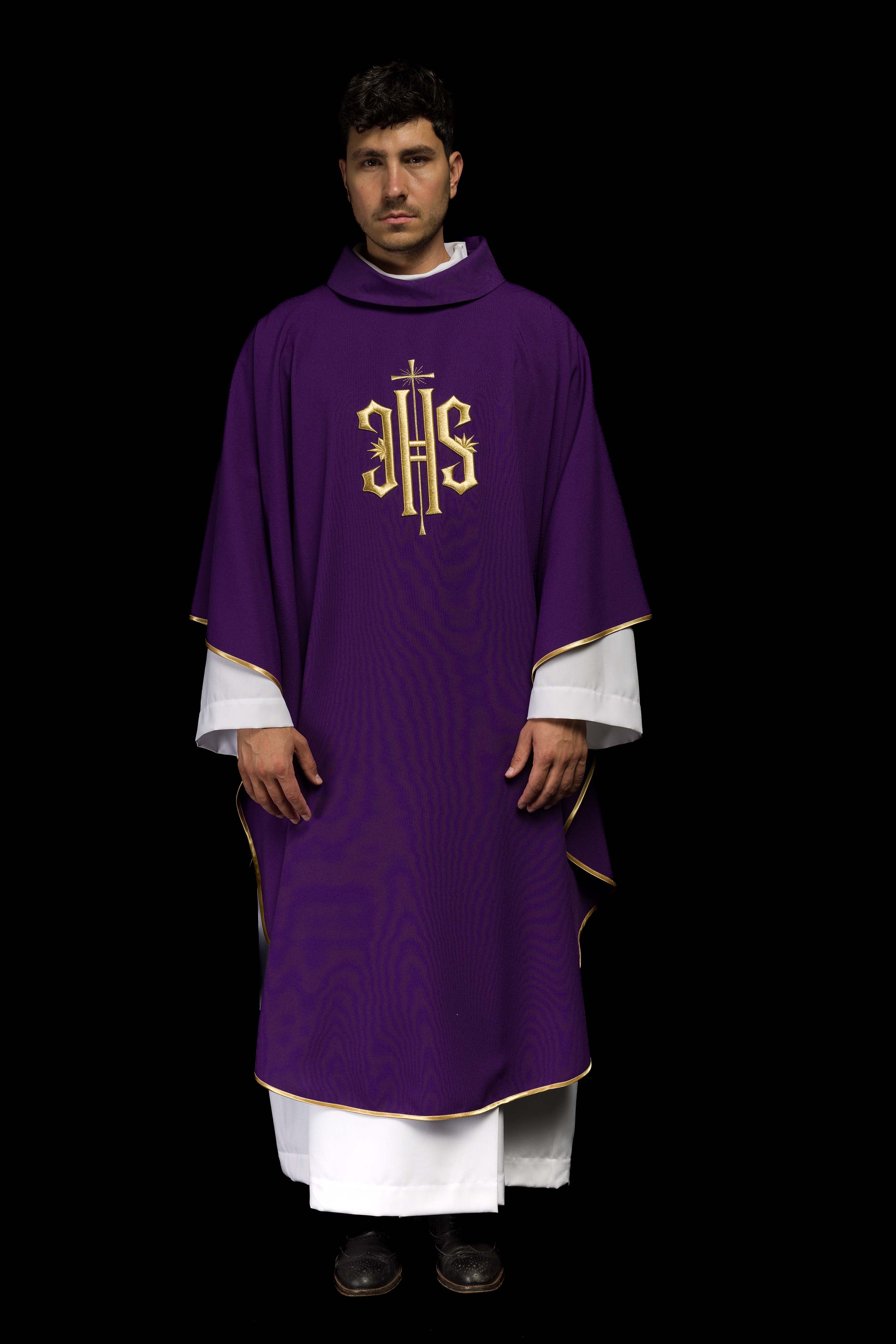Purple chasuble embroidered with IHS motif