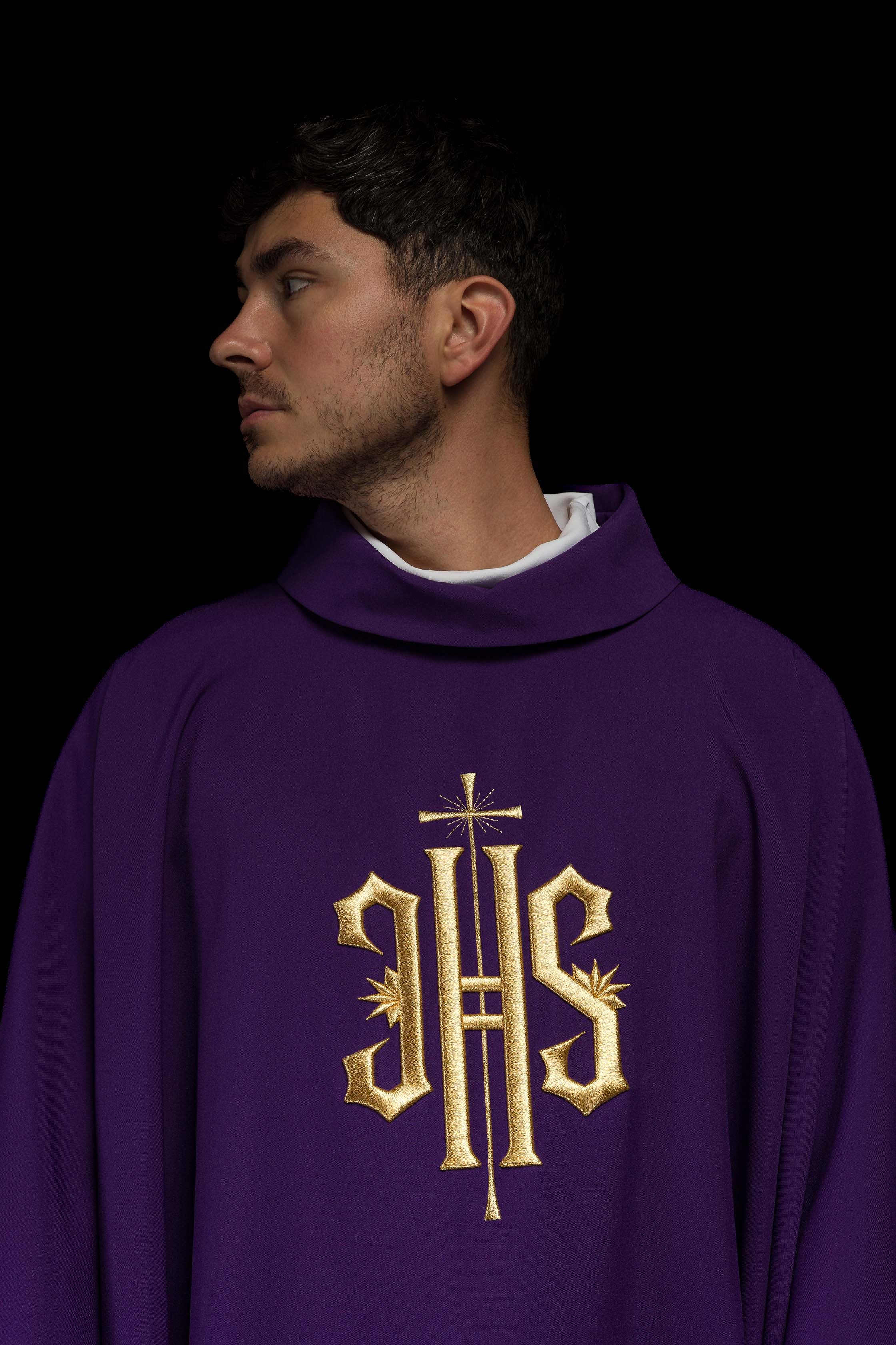 Purple chasuble embroidered with IHS motif