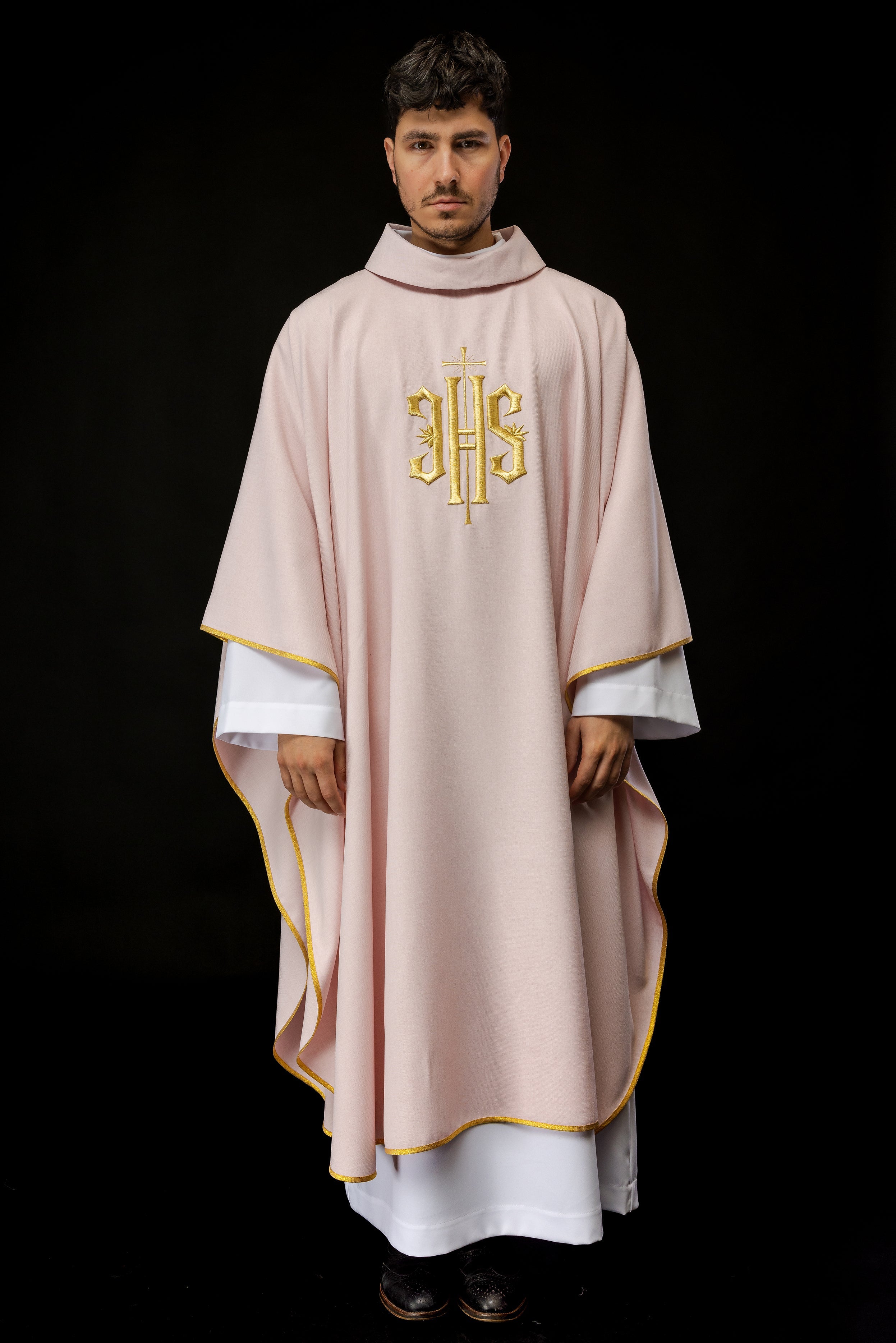 Simple priest chasuble in pink with gold JHS embroidery