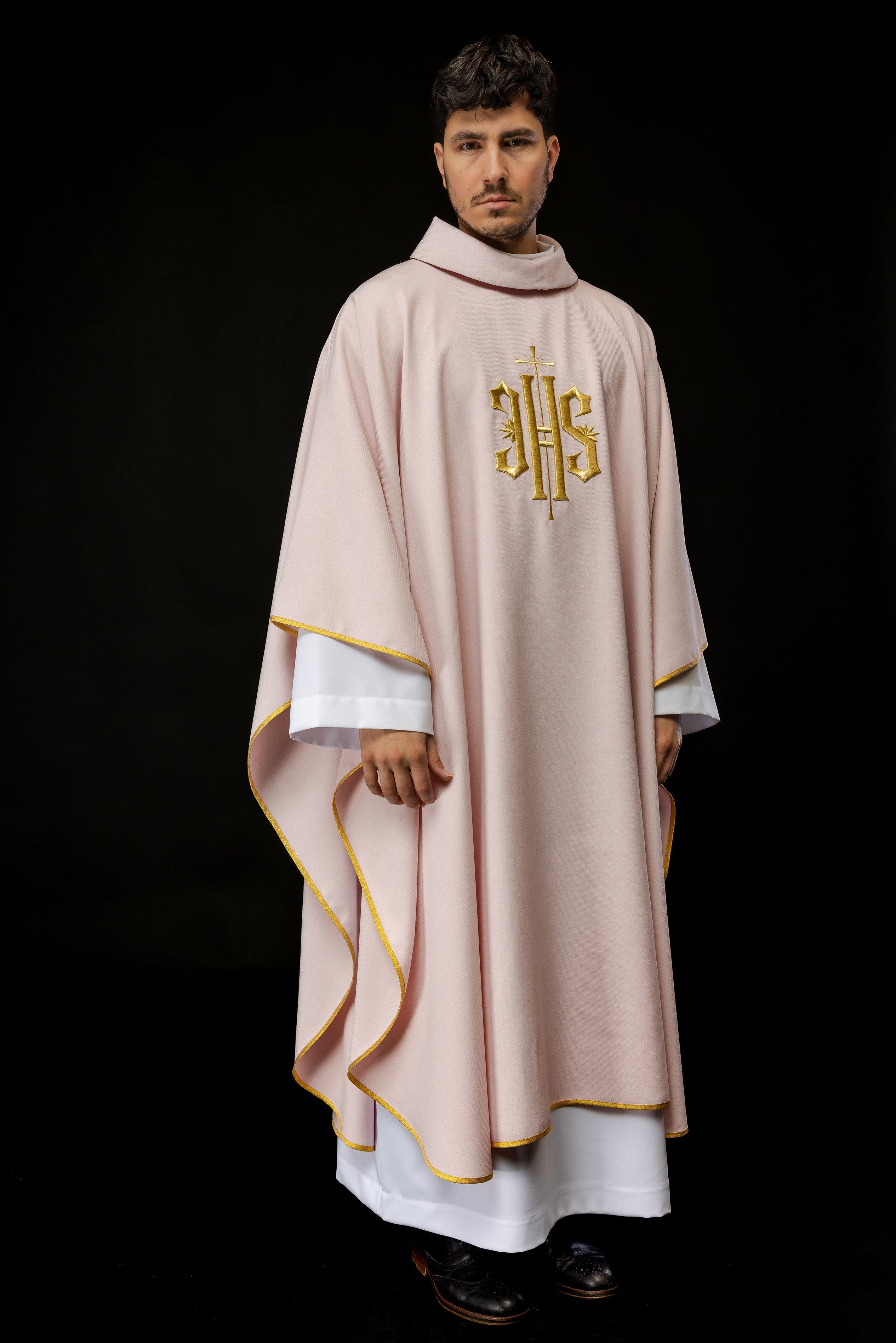 Simple priest chasuble in pink with gold JHS embroidery