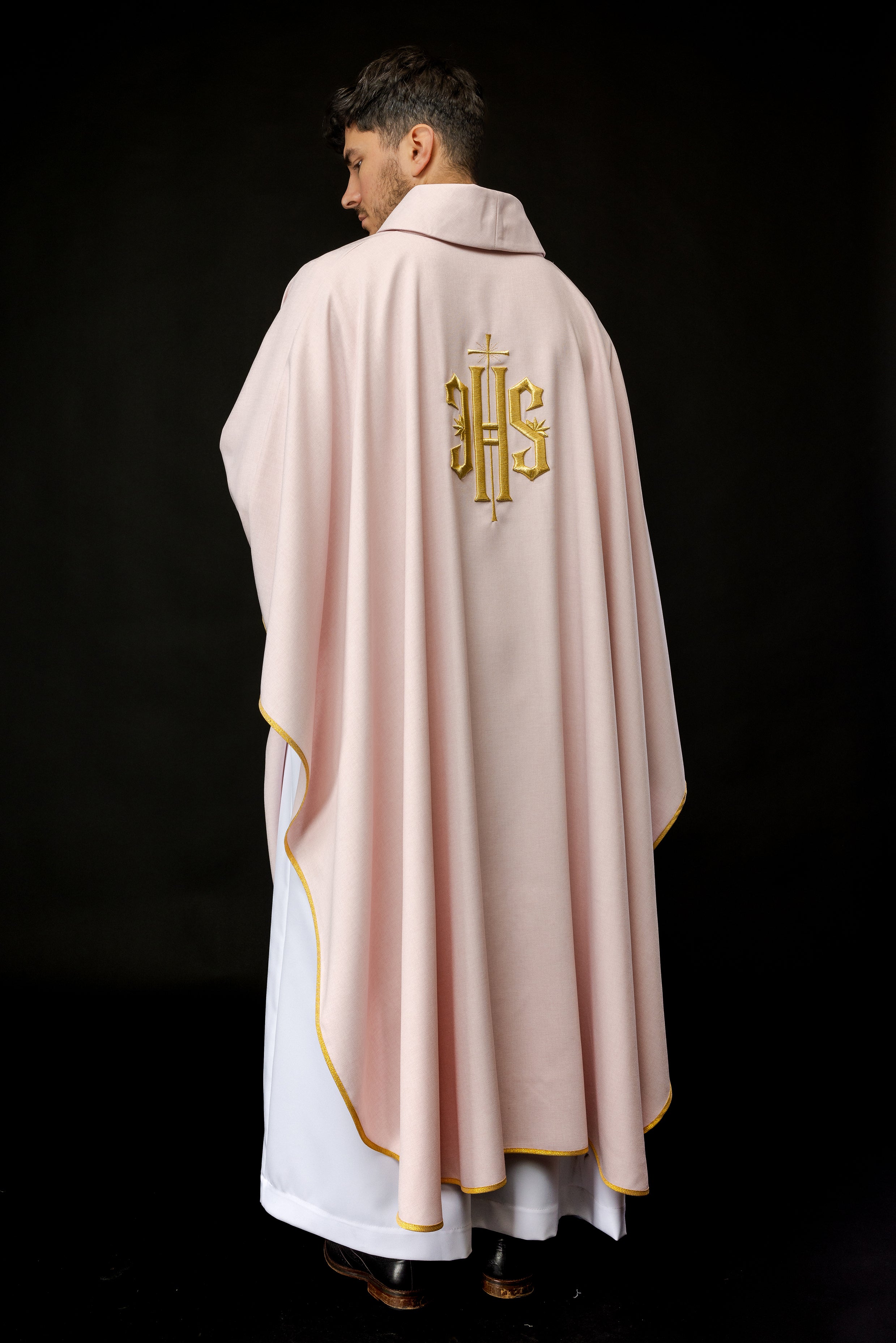 Simple priest chasuble in pink with gold JHS embroidery