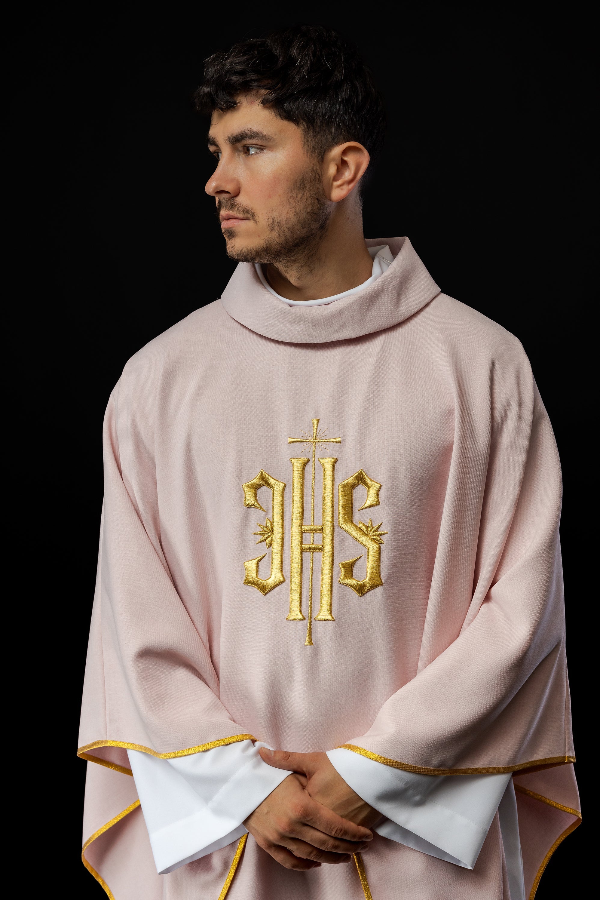 Simple priest chasuble in pink with gold JHS embroidery