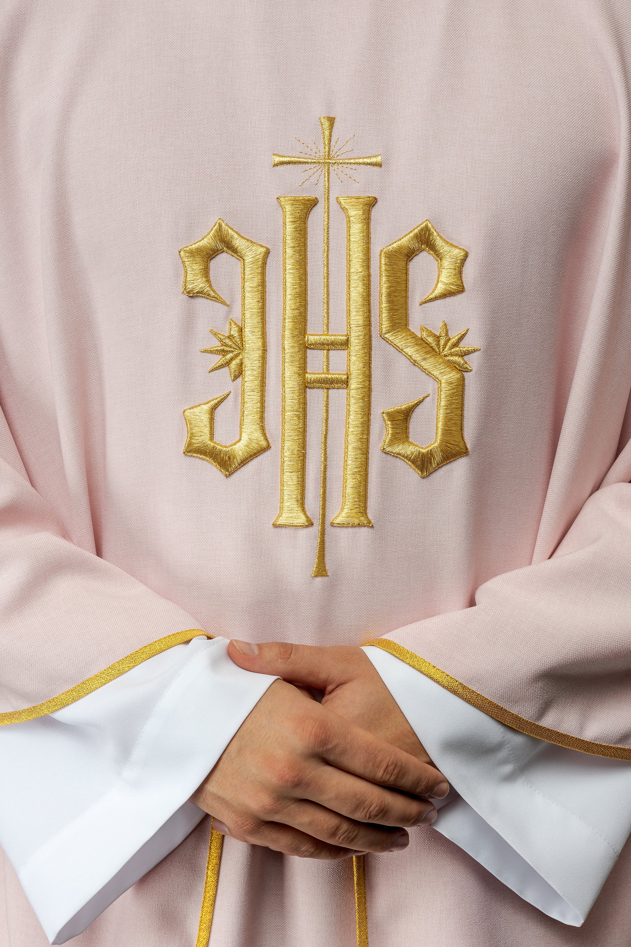 Simple priest chasuble in pink with gold JHS embroidery