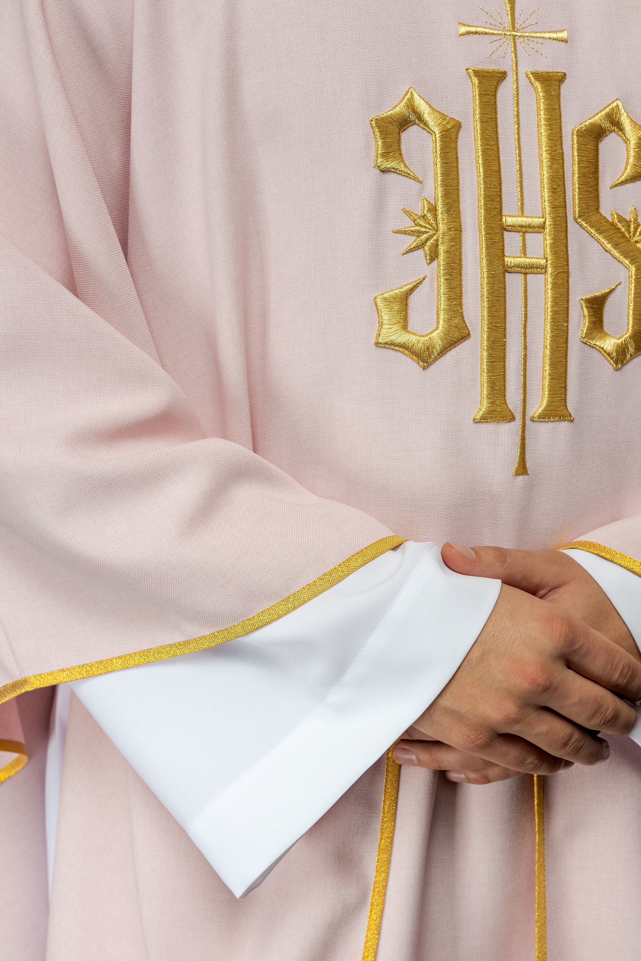 Simple priest chasuble in pink with gold JHS embroidery