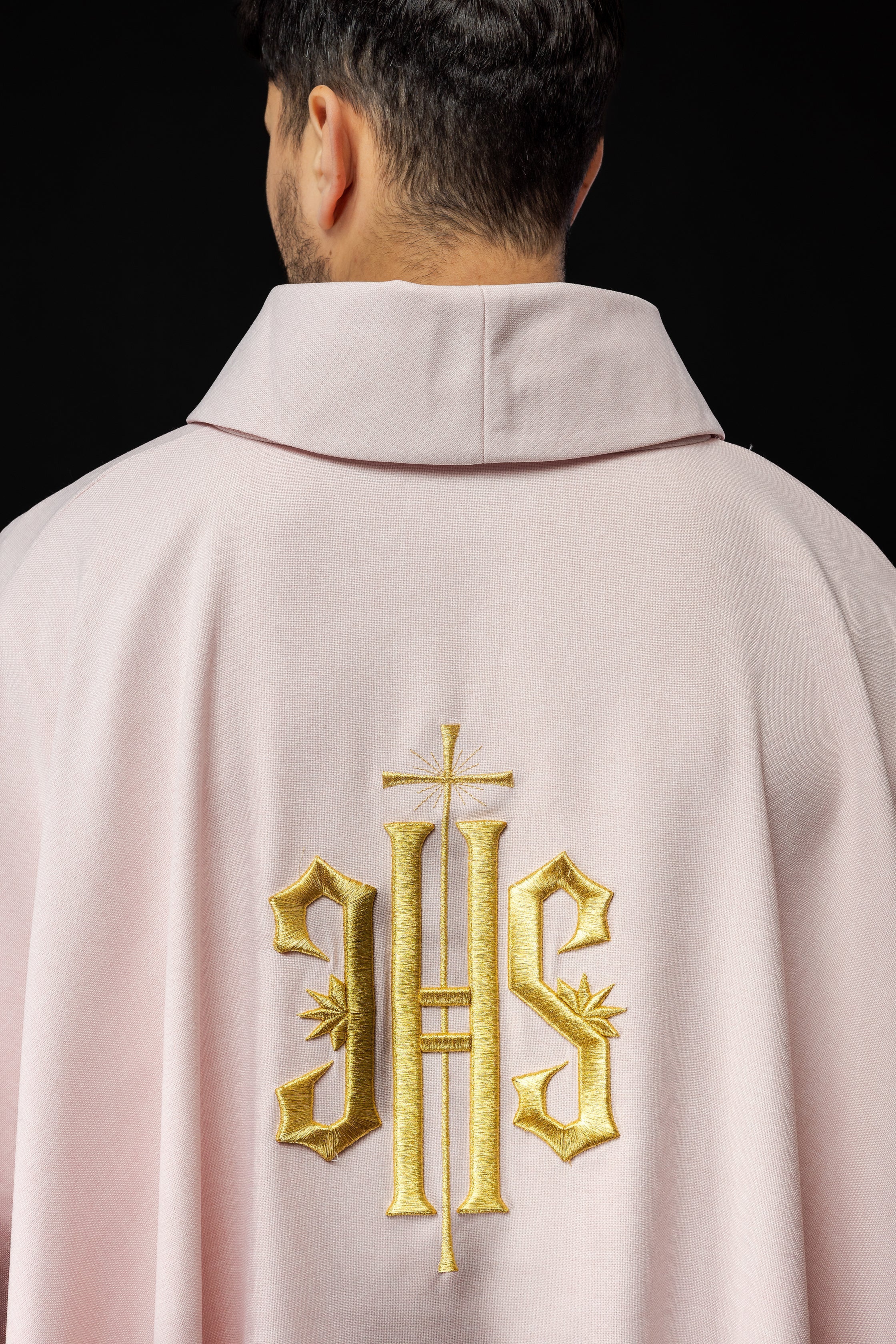 Simple priest chasuble in pink with gold JHS embroidery