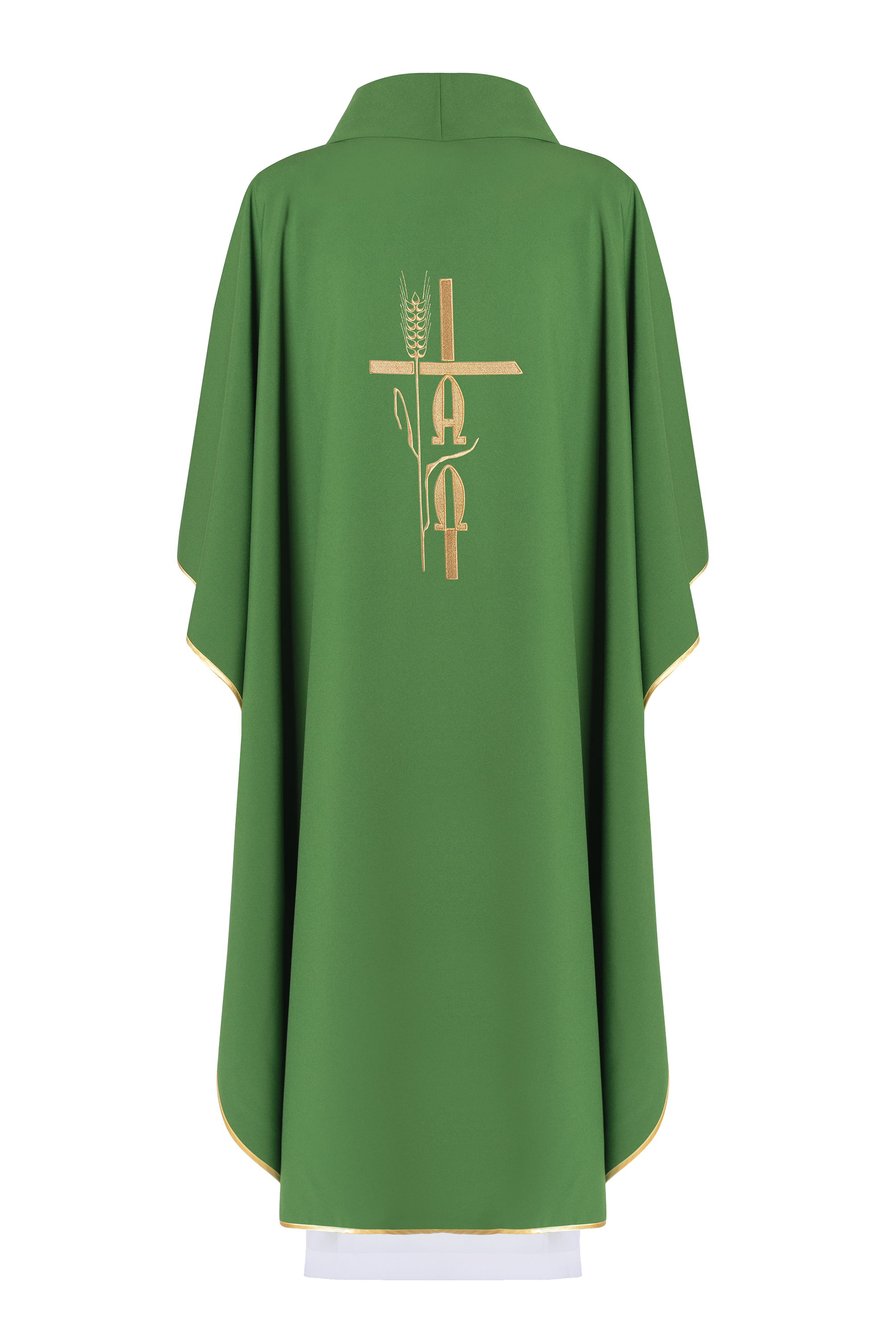 Green chasuble embroidered with IHS motif