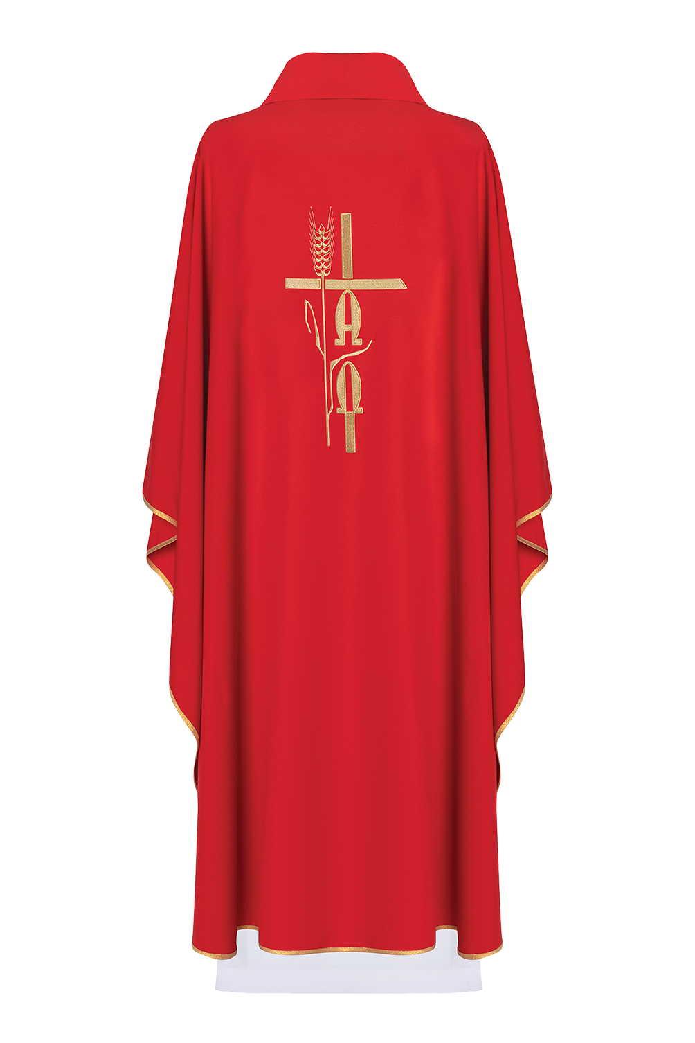 Red chasuble with cross and alfa omega symbols