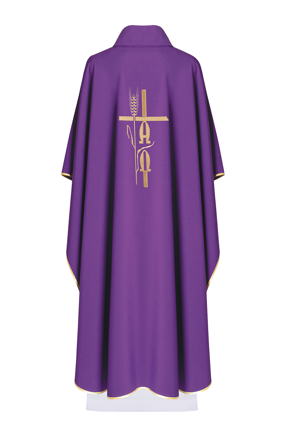 Purple chasuble with cross and alfa omega symbols