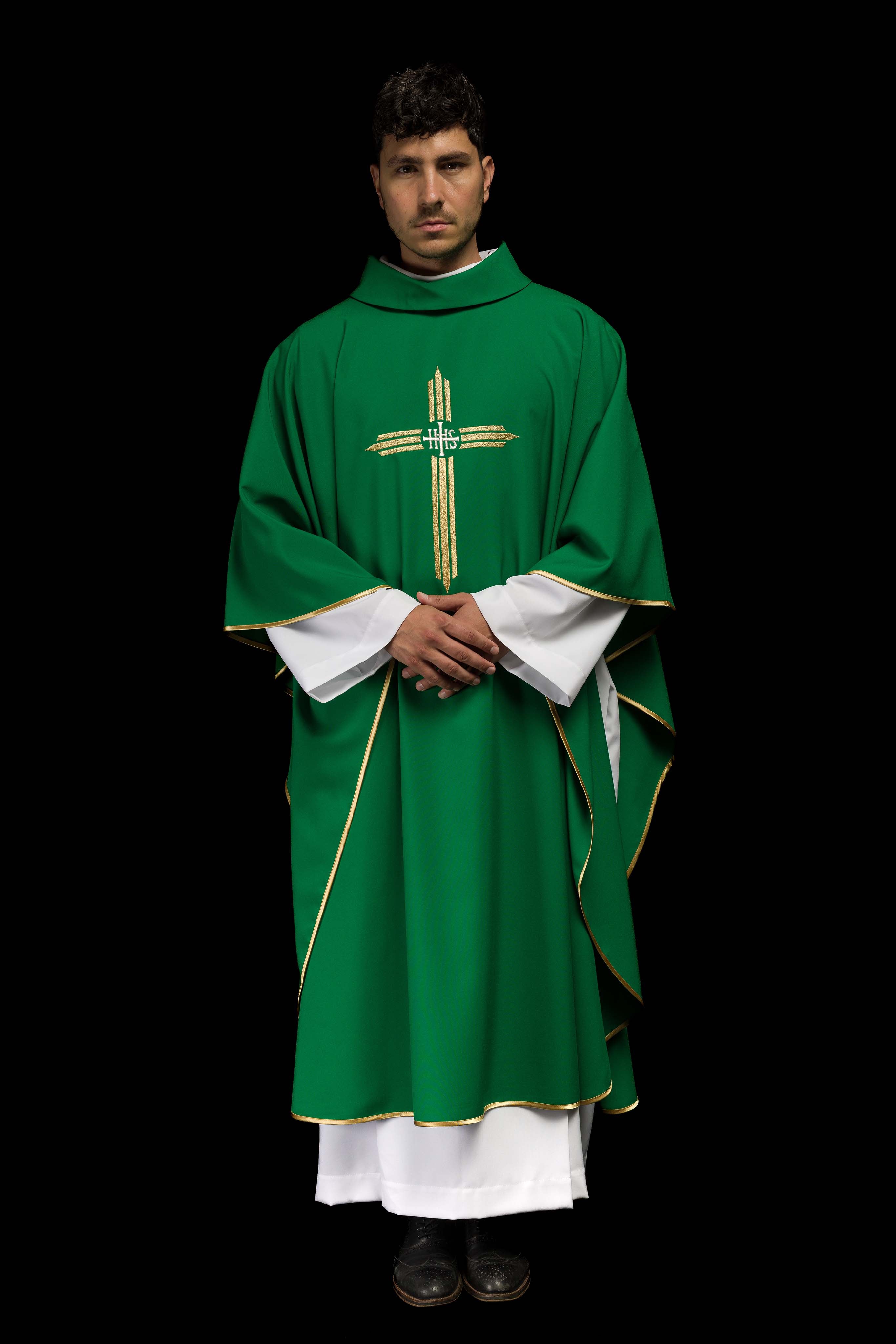 Green chasuble embroidered with the symbol of Cross IHS