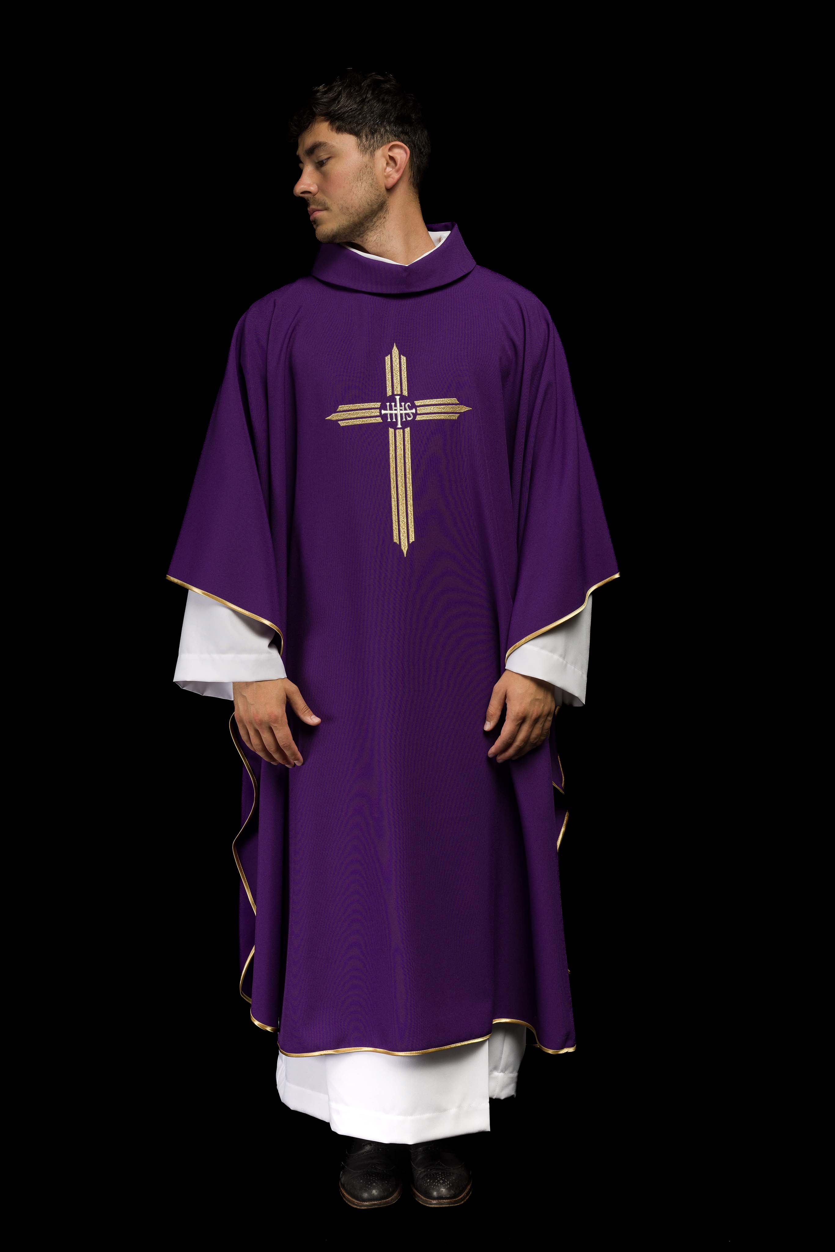 Purple chasuble embroidered with the symbol of Cross IHS