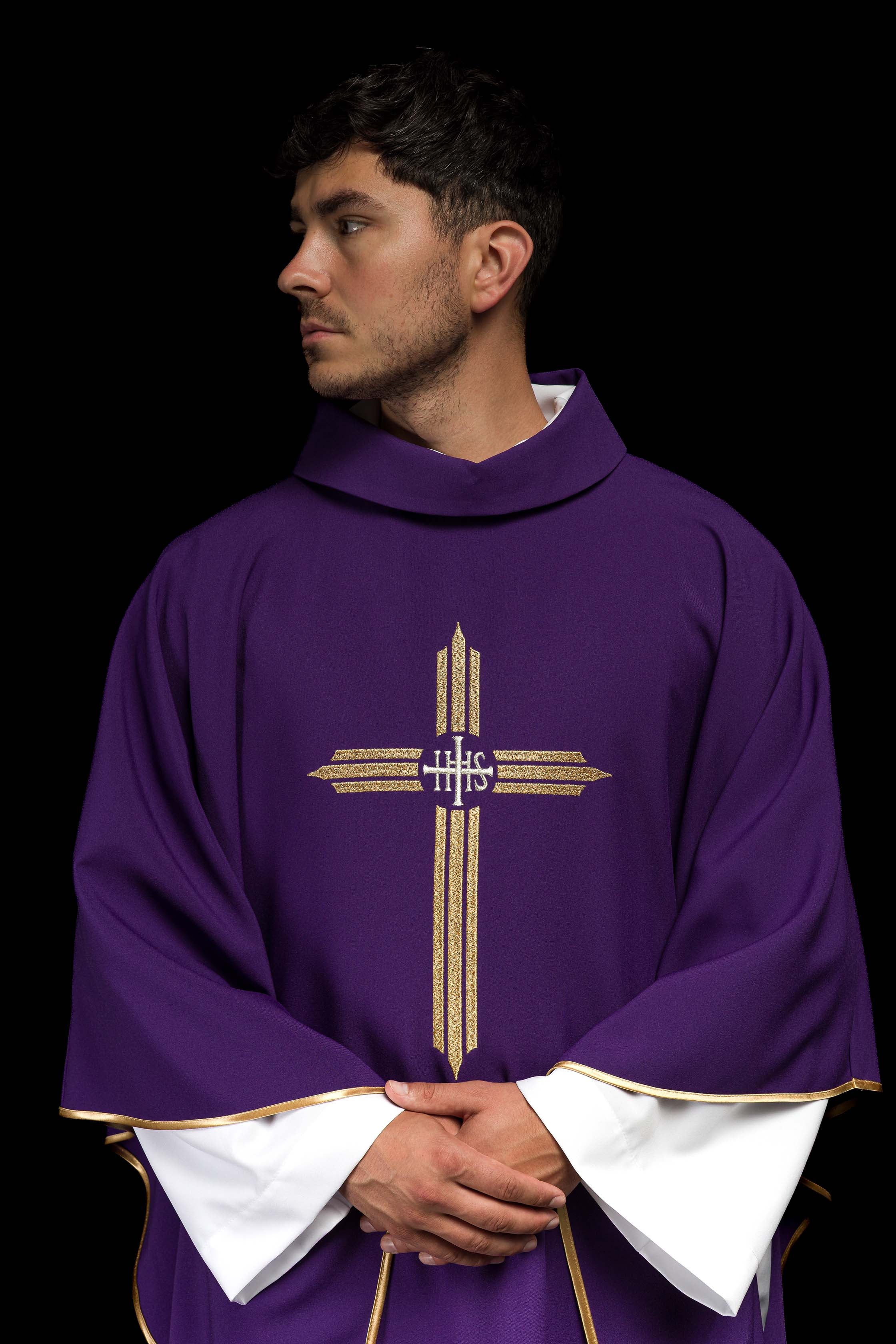 Purple chasuble embroidered with the symbol of Cross IHS