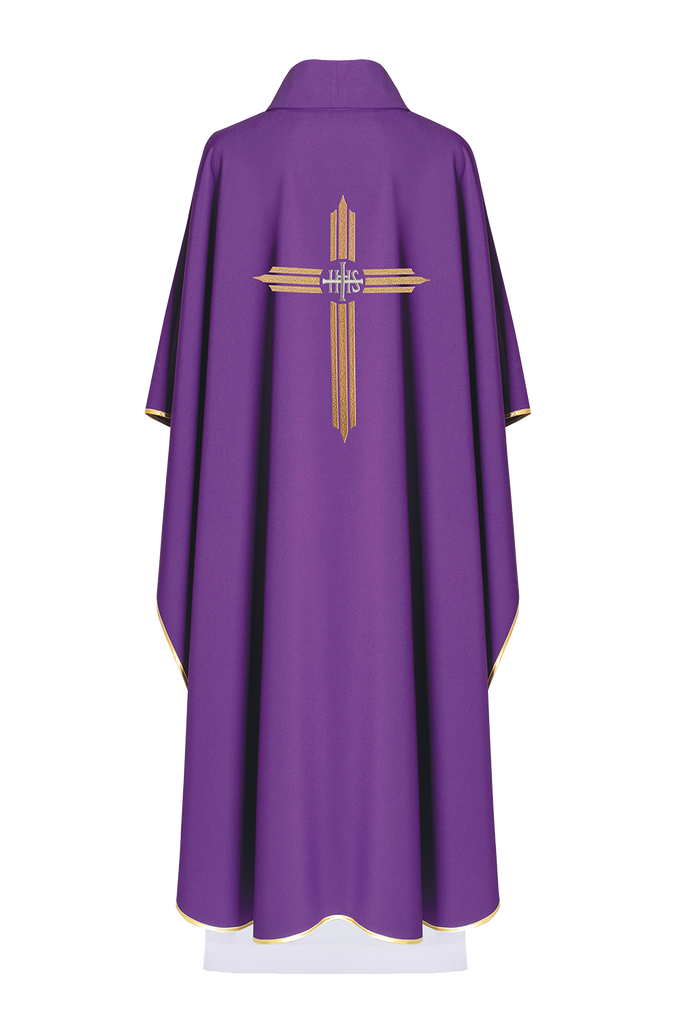 Purple embroidered chasuble with wide collar and IHS Cross