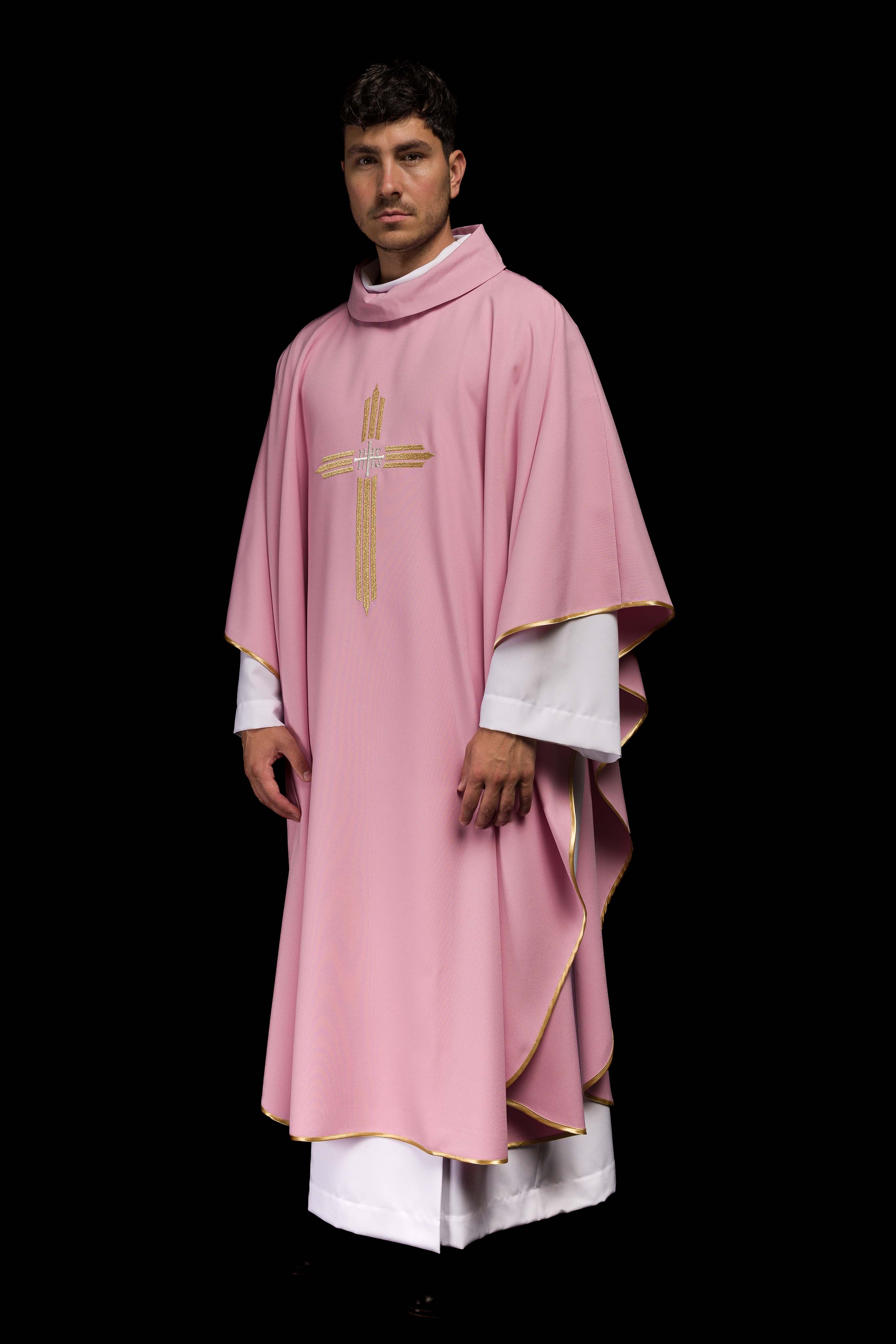 Pink chasuble embroidered with the symbol of Cross IHS