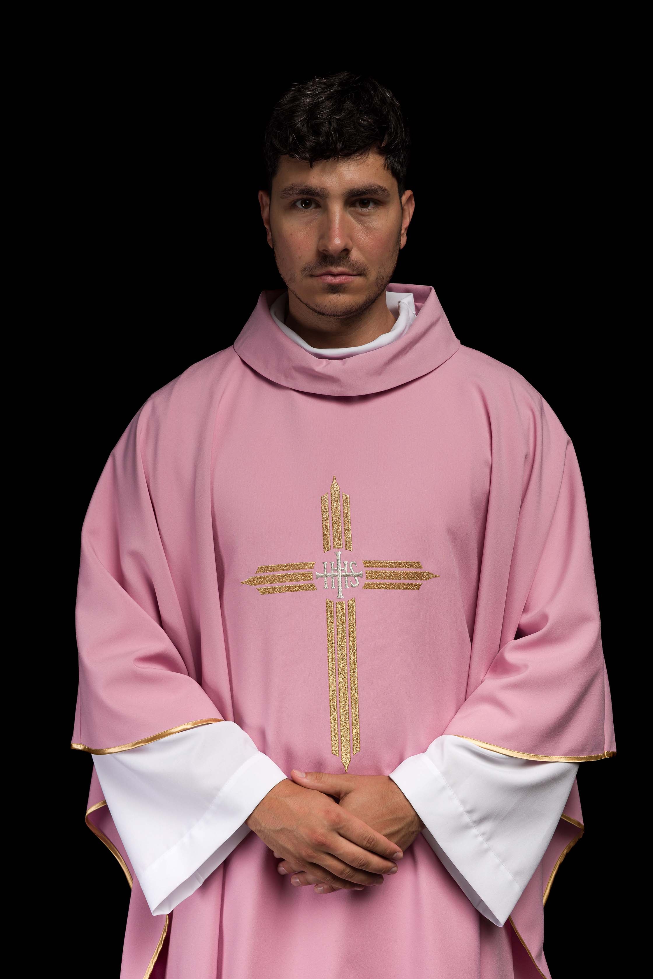 Pink chasuble embroidered with the symbol of Cross IHS