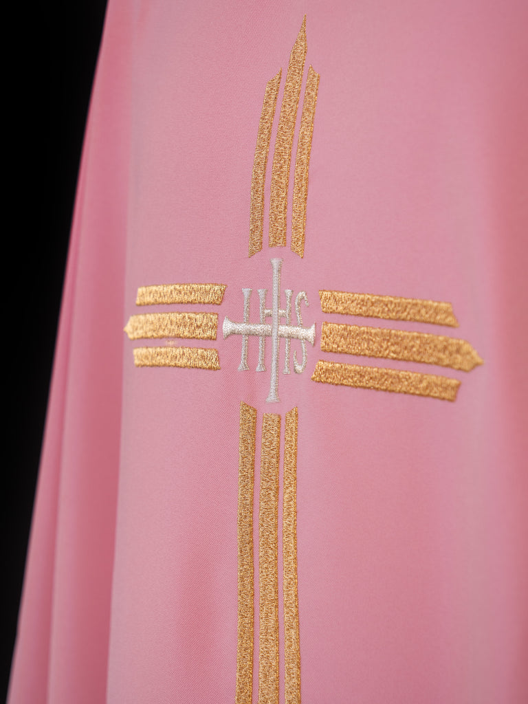 Pink chasuble embroidered with the symbol of Cross IHS