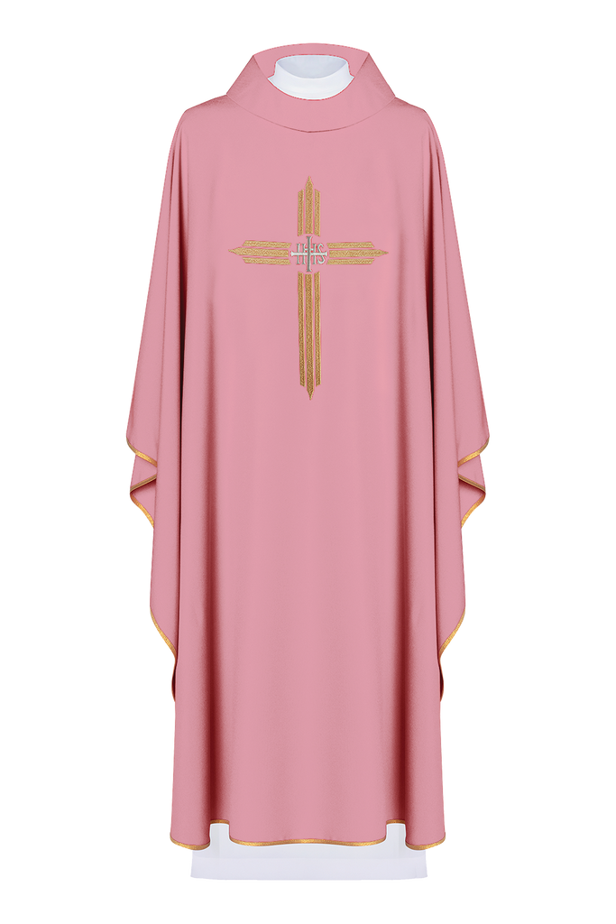 Pink chasuble embroidered with the symbol of Cross IHS