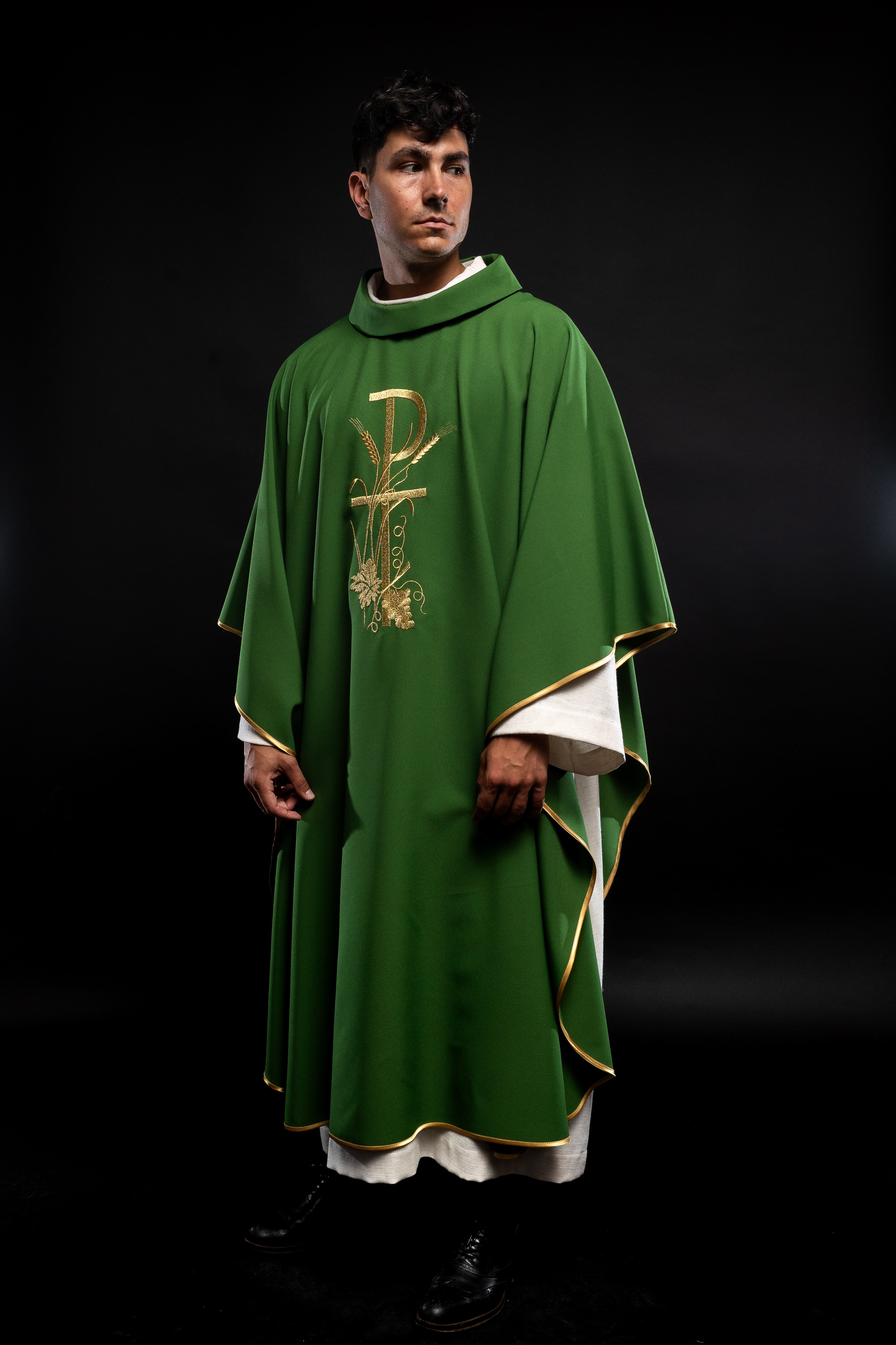 Green chasuble with golden cross embroidery